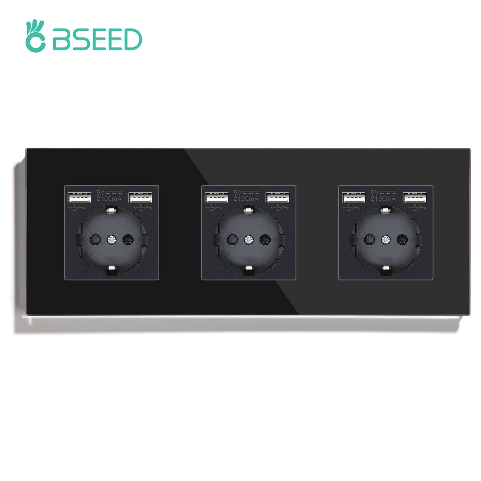 BSEED EU / FR Standard Wall Socket With Double USB Crystal Mirror Glass Panel Bseedswitch Black Triple EU