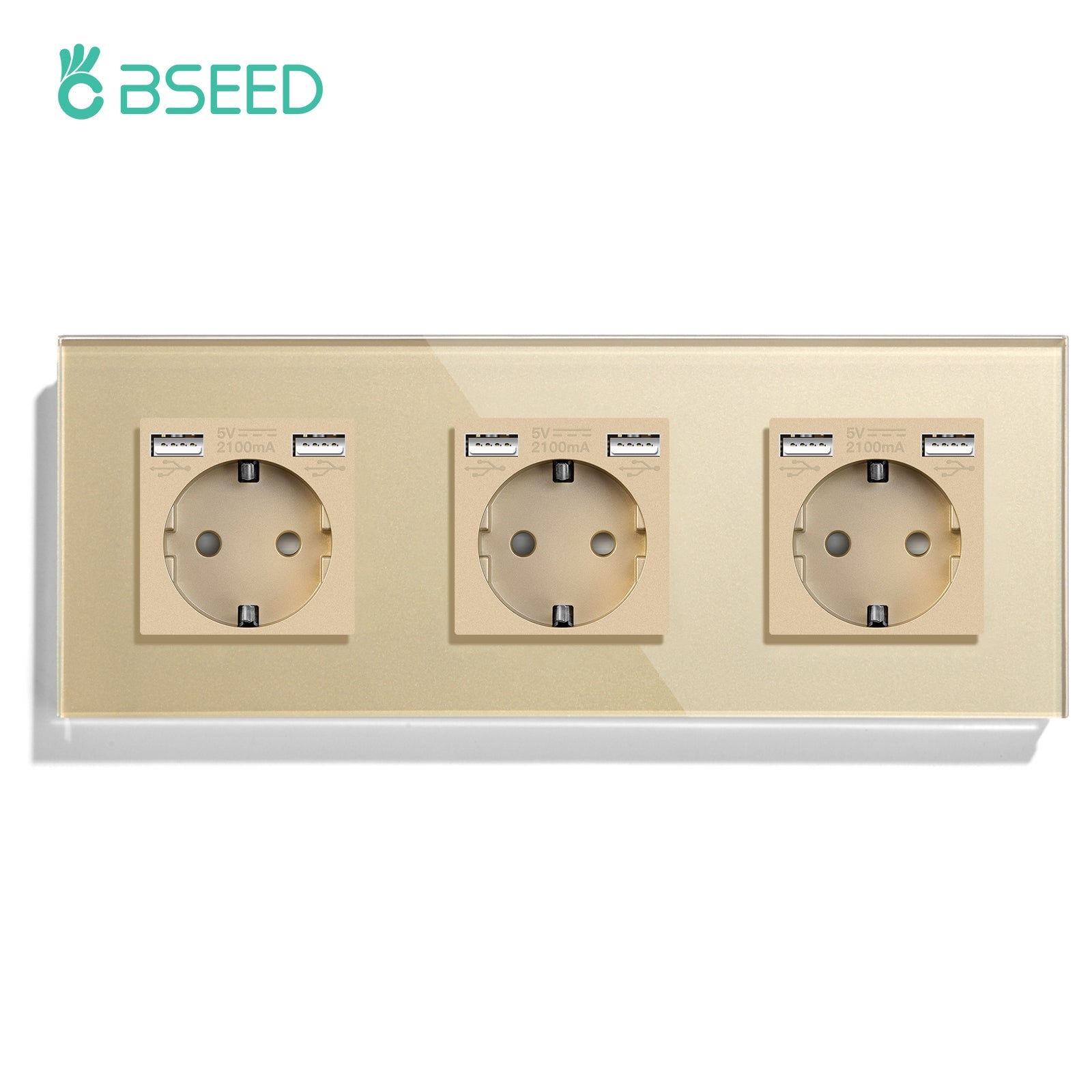 BSEED EU / FR Standard Wall Socket With Double USB Crystal Mirror Glass Panel Bseedswitch Golden Triple EU