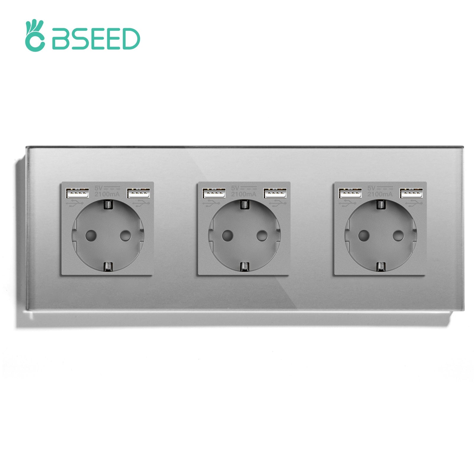 BSEED EU / FR Standard Wall Socket With Double USB Crystal Mirror Glass Panel Bseedswitch Grey Triple EU