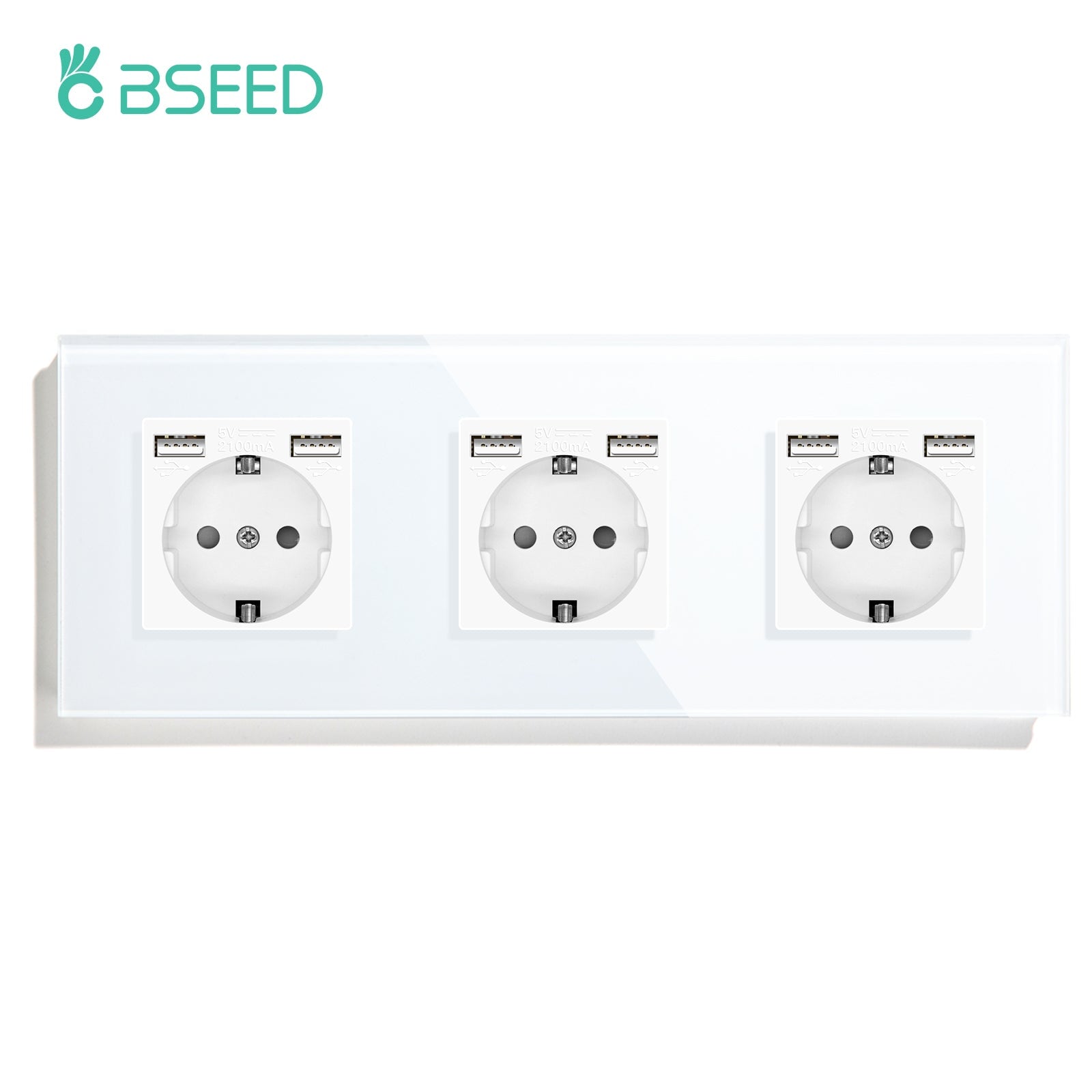 BSEED EU / FR Standard Wall Socket With Double USB Crystal Mirror Glass Panel Bseedswitch White Triple EU