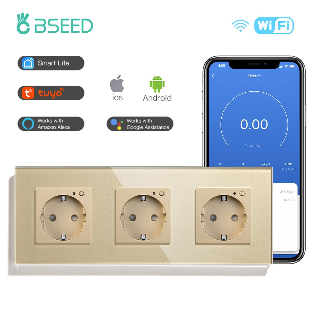 BSEED Smart WiFi UK Standards Wall Sockets with Metering Power Outlets & Sockets Bseedswitch golden Triple 