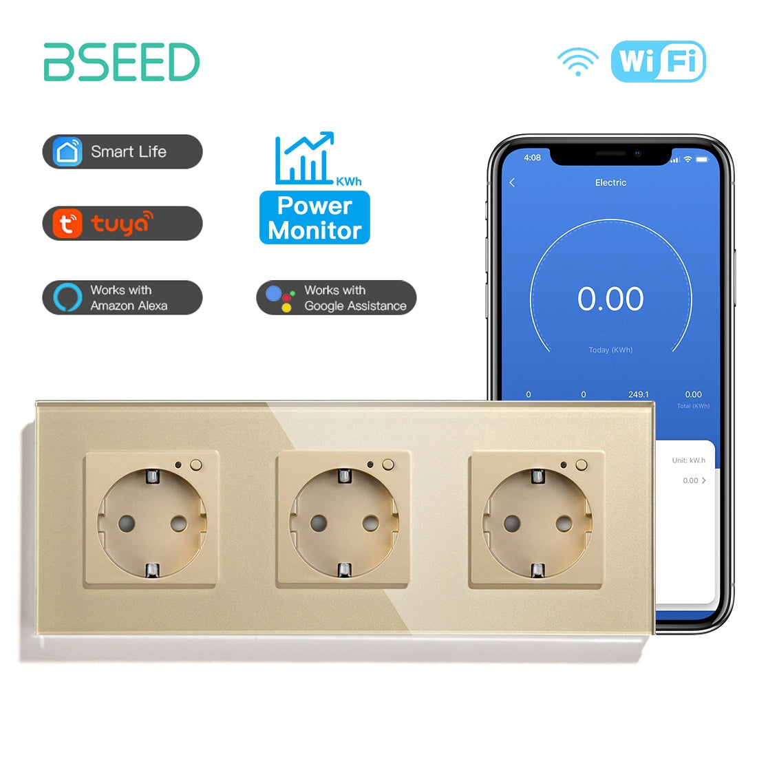 Bseed Wifi EU Standard Socket Wall Sockets With Energy Monitoring Power Outlets & Sockets Bseedswitch Golden Triple 