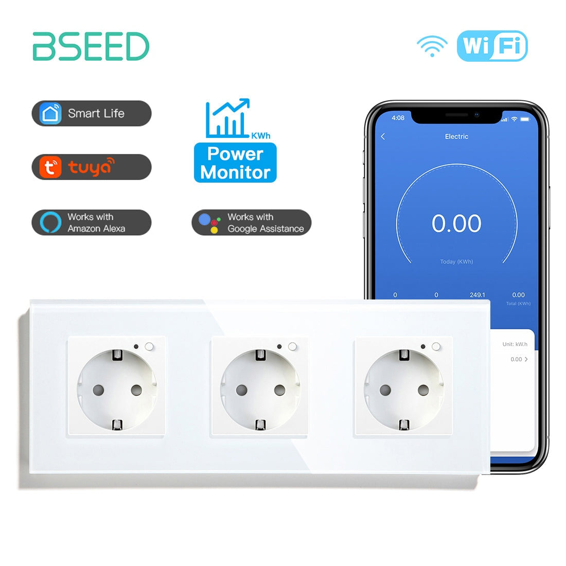 Bseed Wifi EU Standard Socket Wall Sockets With Energy Monitoring Power Outlets & Sockets Bseedswitch White Triple 
