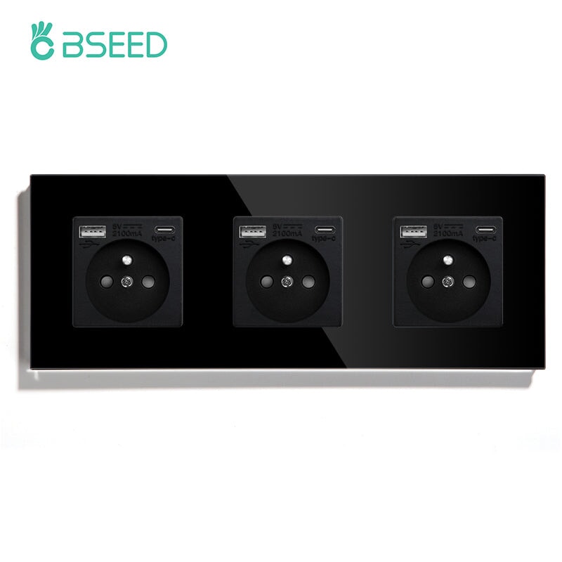 BSEED FR Wall Sockets Type-C Interface Outlet Wall Socket With Charge Port With USB Power Outlets Kids Protection 16A Wall Plates & Covers Bseedswitch black Triple 