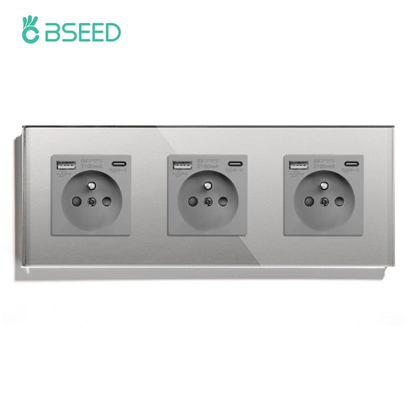 BSEED FR Wall Sockets Type-C Interface Outlet Wall Socket With Charge Port With USB Power Outlets Kids Protection 16A Wall Plates & Covers Bseedswitch grey Triple 