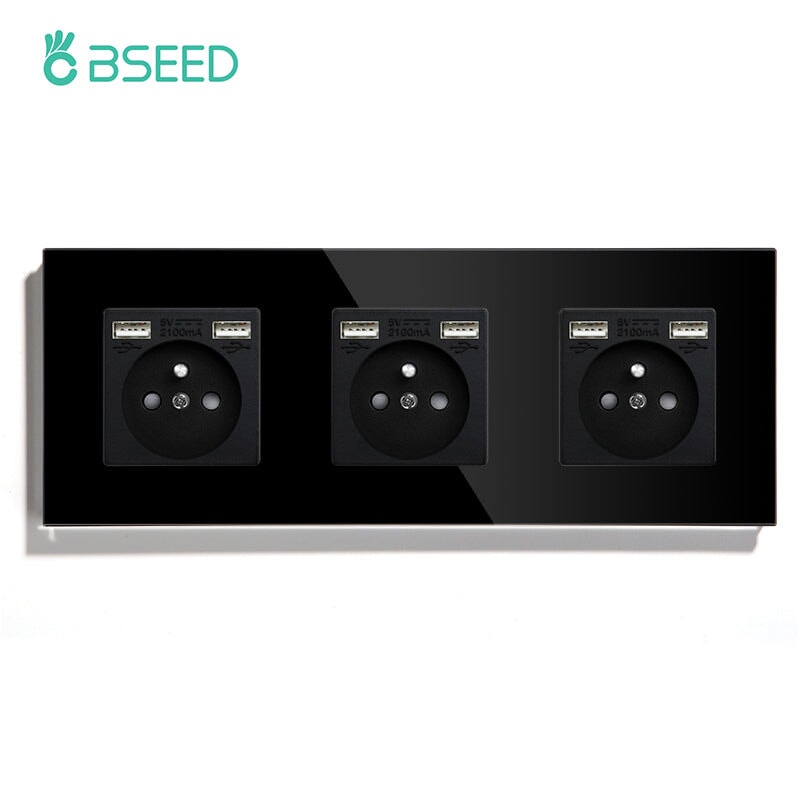 BSEED EU / FR Standard Wall Socket With Double USB Crystal Mirror Glass Panel Bseedswitch Black Triple FR