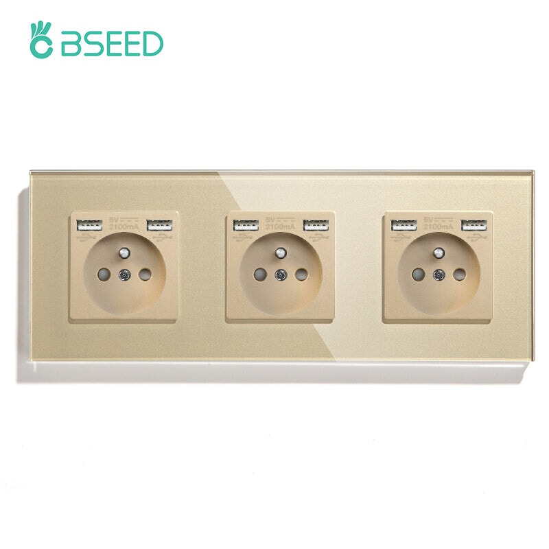 BSEED EU / FR Standard Wall Socket With Double USB Crystal Mirror Glass Panel Bseedswitch Golden Triple FR