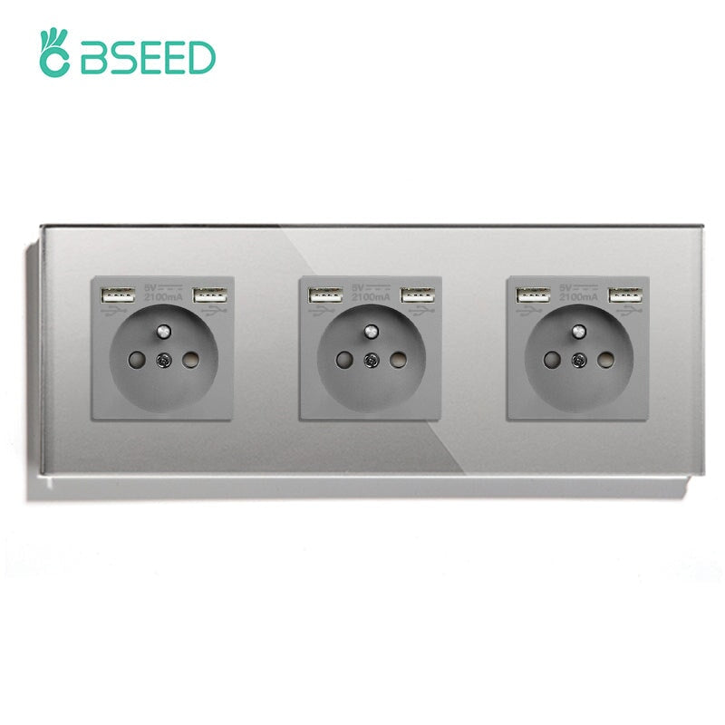 BSEED EU / FR Standard Wall Socket With Double USB Crystal Mirror Glass Panel Bseedswitch Grey Triple FR