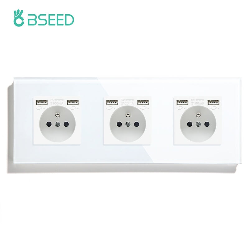 BSEED EU / FR Standard Wall Socket With Double USB Crystal Mirror Glass Panel Bseedswitch White Triple FR