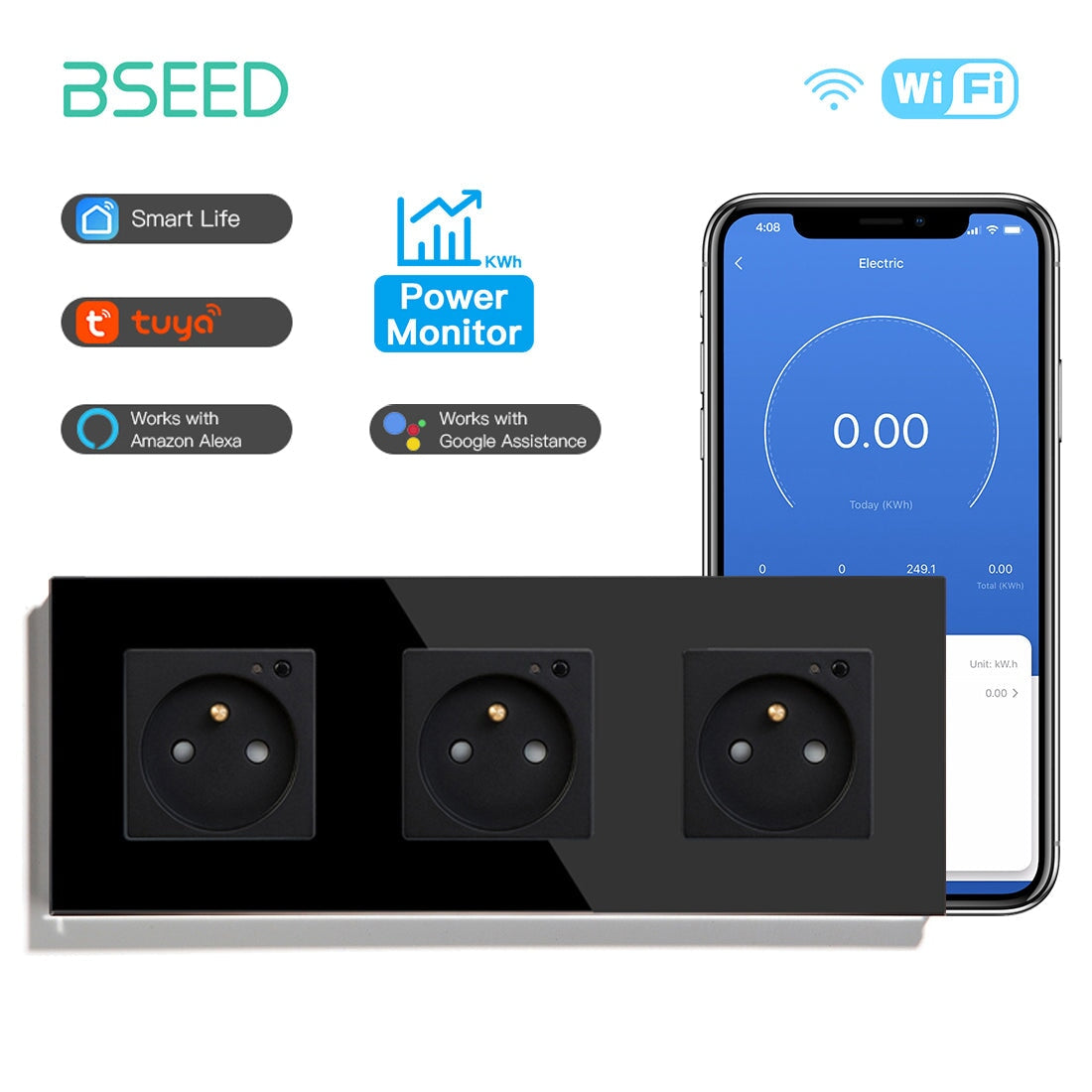 Bseed Wifi FR Standard Socket Wall Sockets With Energy Monitoring Power Outlets & Sockets Bseedswitch Black Triple 