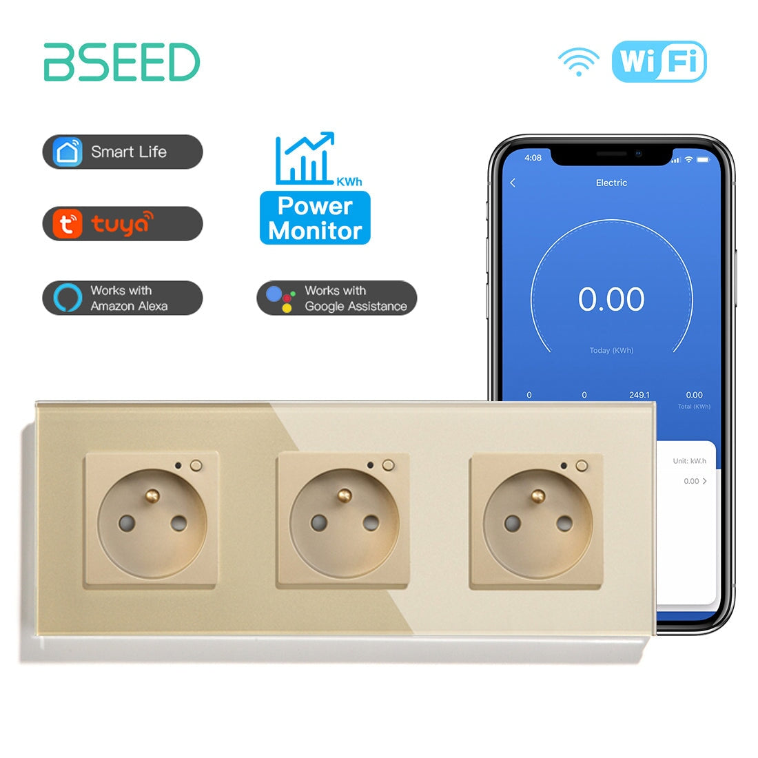 Bseed Wifi FR Standard Socket Wall Sockets With Energy Monitoring Power Outlets & Sockets Bseedswitch Golden Triple 
