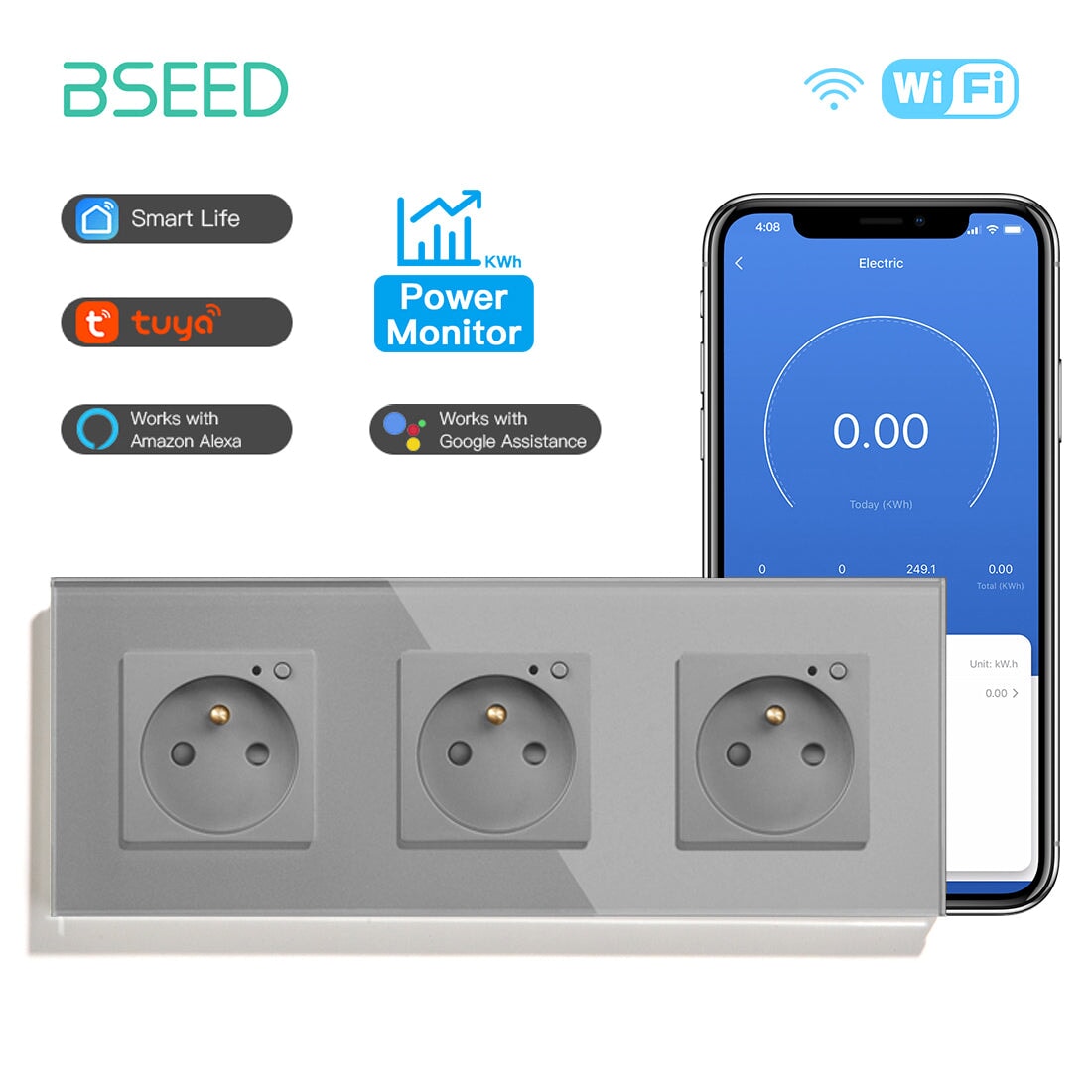 Bseed Wifi FR Standard Socket Wall Sockets With Energy Monitoring Power Outlets & Sockets Bseedswitch Grey Triple 