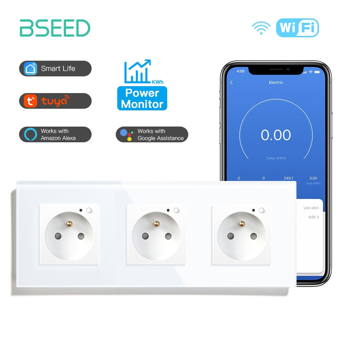 Bseed Wifi FR Standard Socket Wall Sockets With Energy Monitoring Power Outlets & Sockets Bseedswitch White Triple 