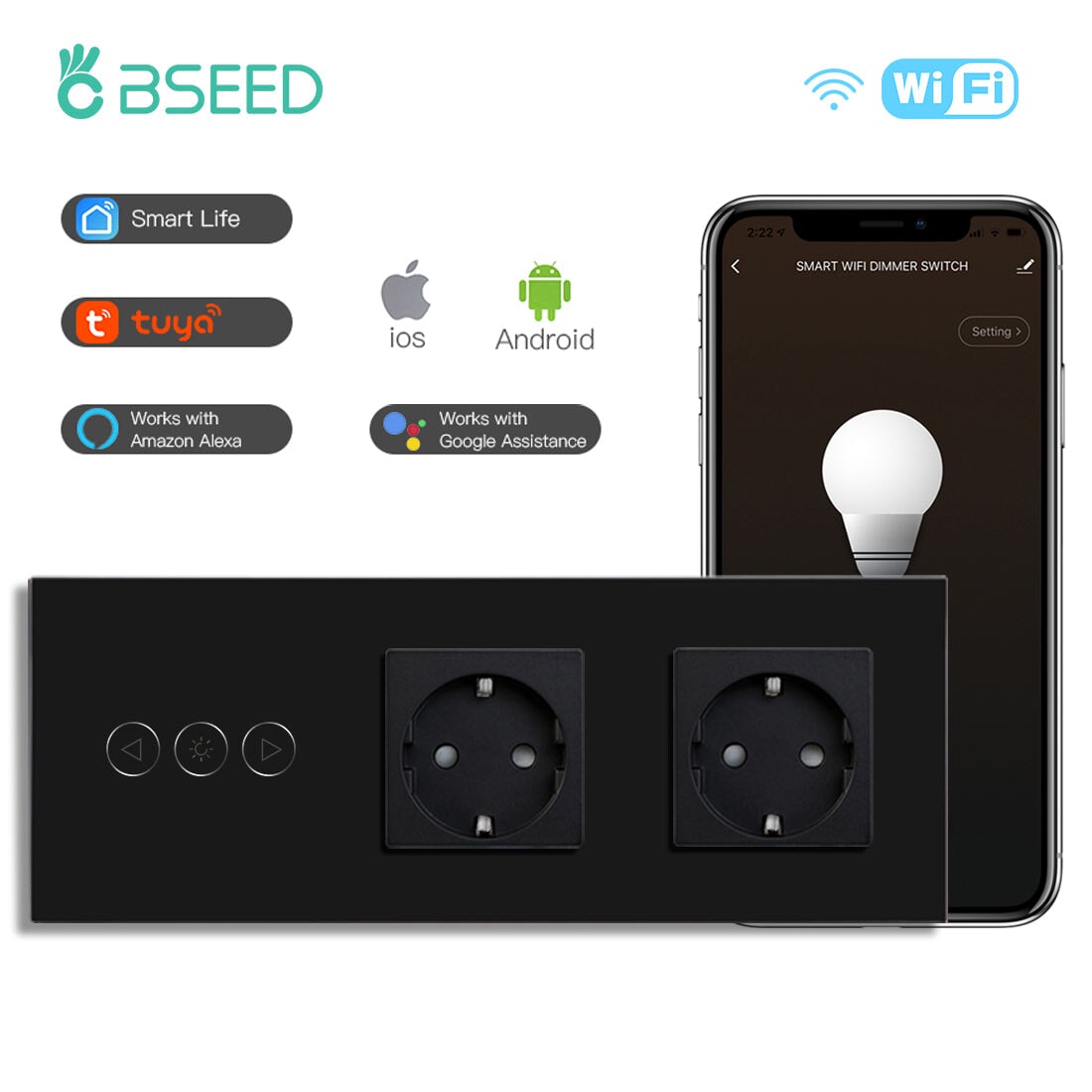 Bseed Smart WiFi Dimmer Switches With Normal EU Standard Wall Sockets 228mm Light Switches Bseedswitch Black 