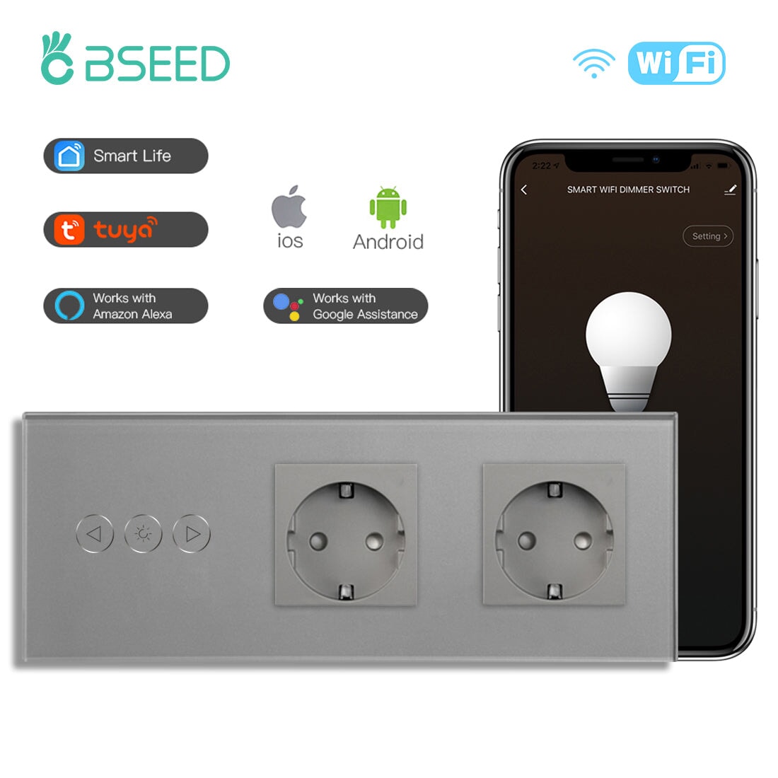 Bseed Smart WiFi Dimmer Switches With Normal EU Standard Wall Sockets 228mm Light Switches Bseedswitch Grey 
