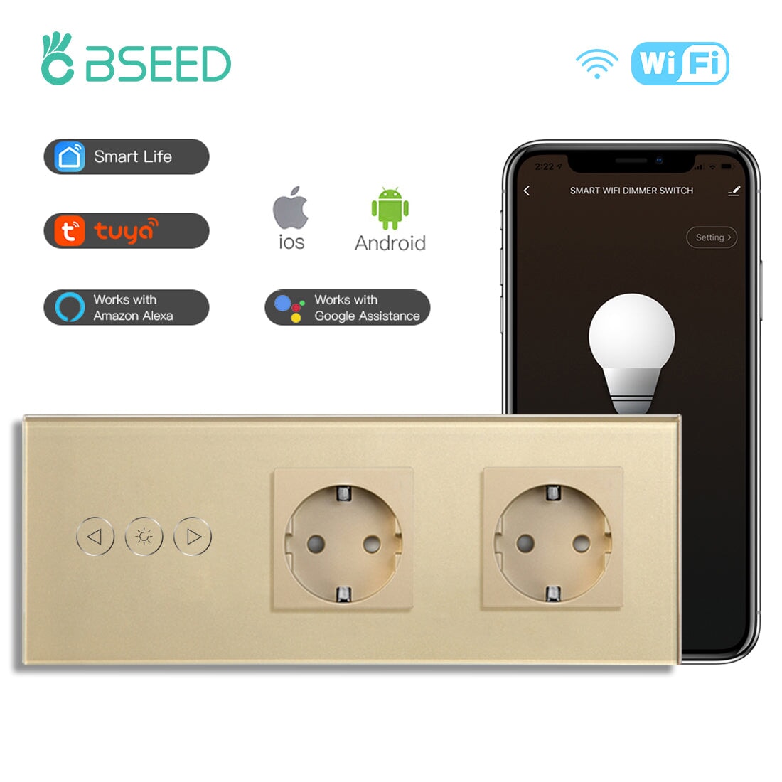 Bseed Smart WiFi Dimmer Switches With Normal EU Standard Wall Sockets 228mm Light Switches Bseedswitch Golden 
