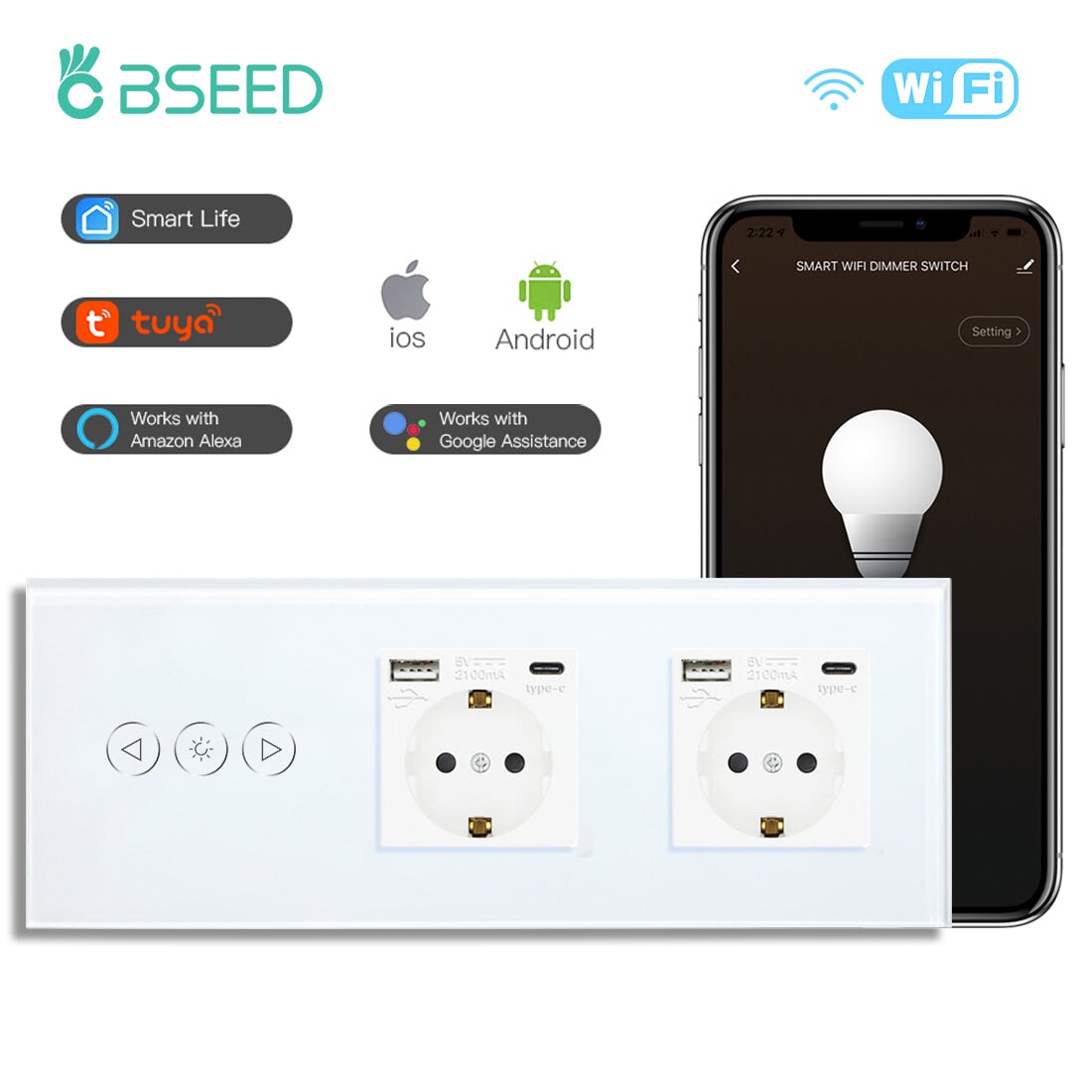 BSEED Product Customization Bseedswitch wifi dimmer switch with double eu socket with 20W usb-c 