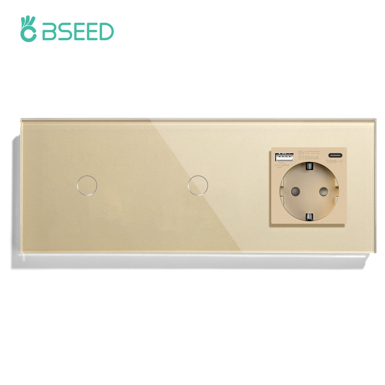 BSEED Double Touch 1/2/3 Gnag 1/2/3 Way Light Switch With EU Socket With Type-C Power Outlets & Sockets Bseedswitch Golden 1gang+1gang 1Way