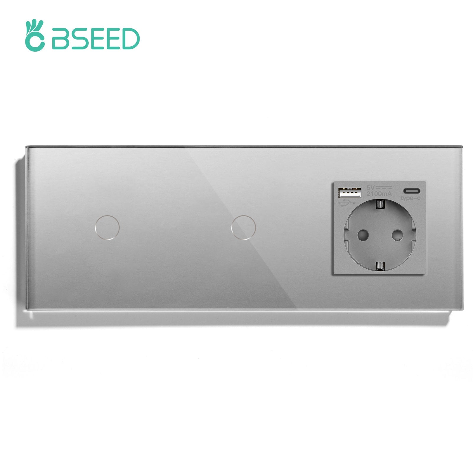 BSEED Double Touch 1/2/3 Gnag 1/2/3 Way Light Switch With EU Socket With Type-C Power Outlets & Sockets Bseedswitch Grey 1gang+1gang 1Way