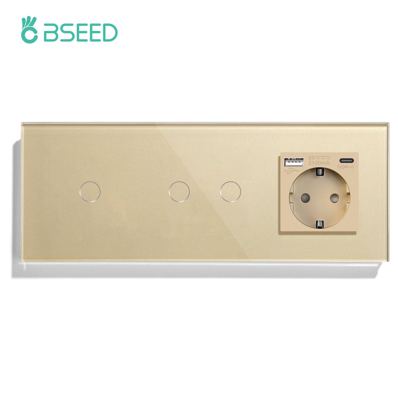 BSEED Double Touch 1/2/3 Gnag 1/2/3 Way Light Switch With EU Socket With Type-C Power Outlets & Sockets Bseedswitch Golden 1gang+2gang 1Way