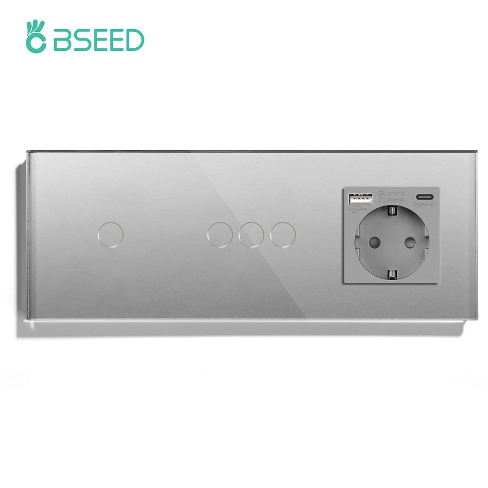 BSEED Double Touch 1/2/3 Gnag 1/2/3 Way Light Switch With EU Socket With Type-C Power Outlets & Sockets Bseedswitch Grey 1gang+3gang 1Way