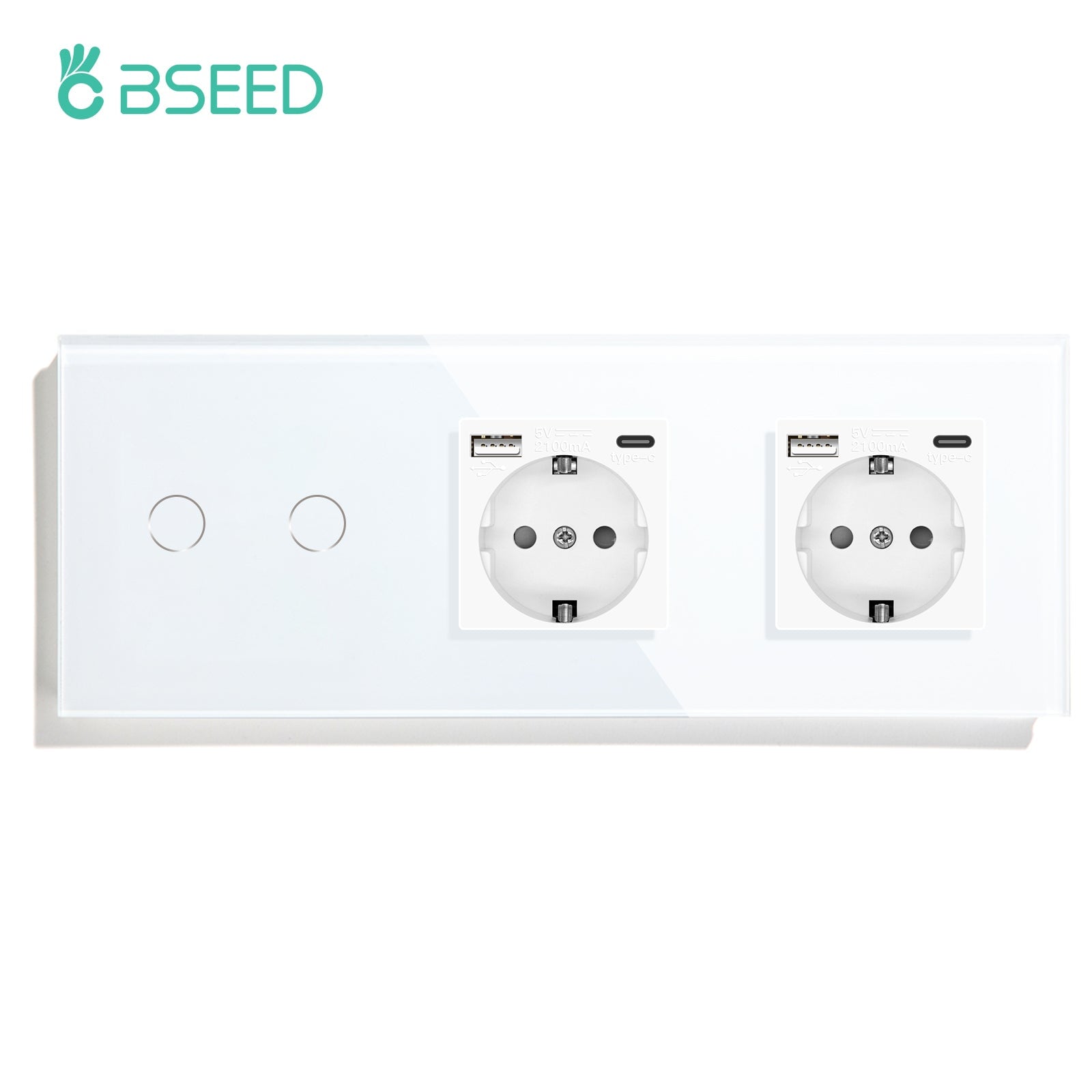 BSEED Touch 1/2/3 Gnag 1/2/3 Way Light Switch With Double EU Socket With Type-C Power Outlets & Sockets Bseedswitch White 2 Gang with Socket 1 Way