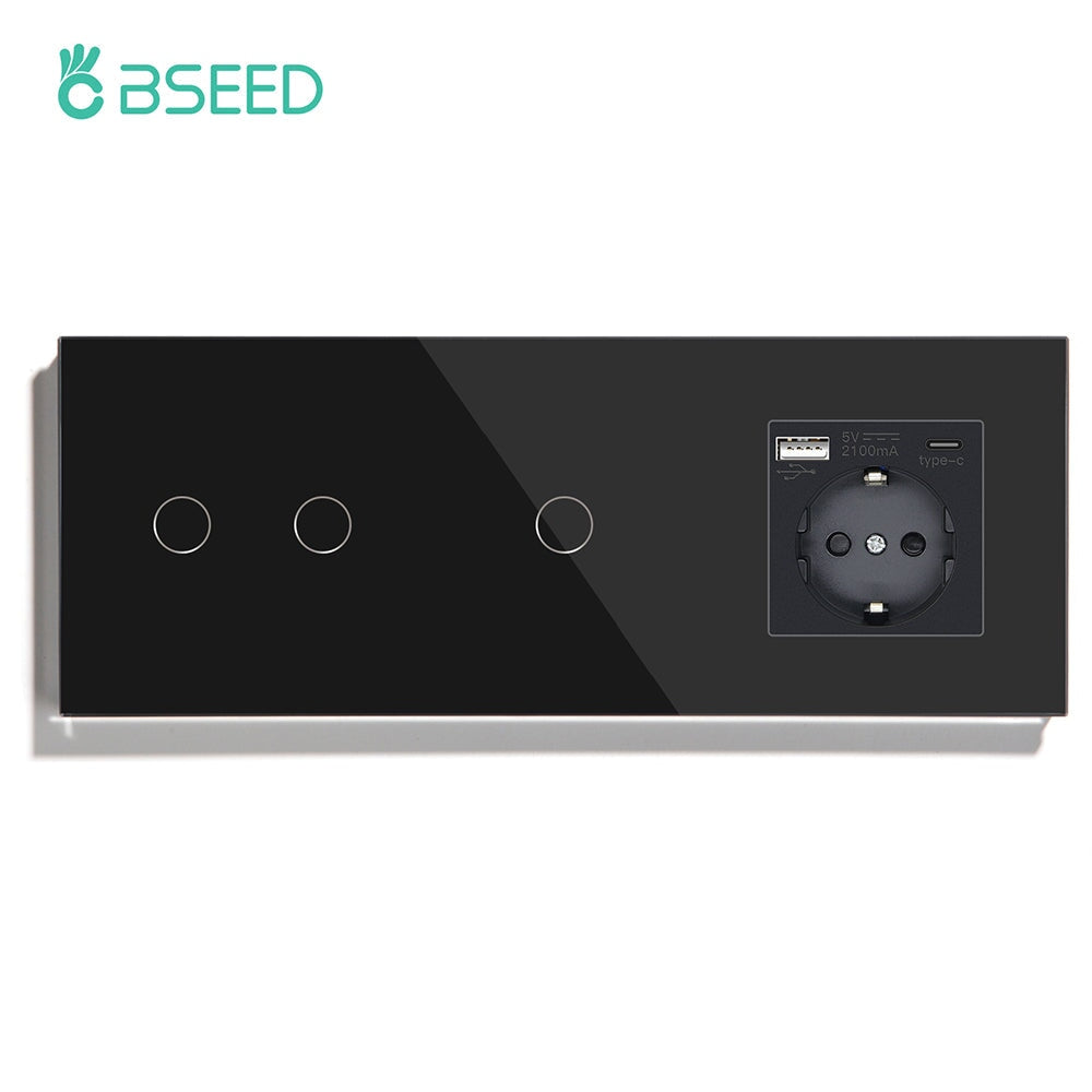 BSEED Double Touch 1/2/3 Gnag 1/2/3 Way Light Switch With EU Socket With Type-C Power Outlets & Sockets Bseedswitch Black 2gang+1gang 1Way