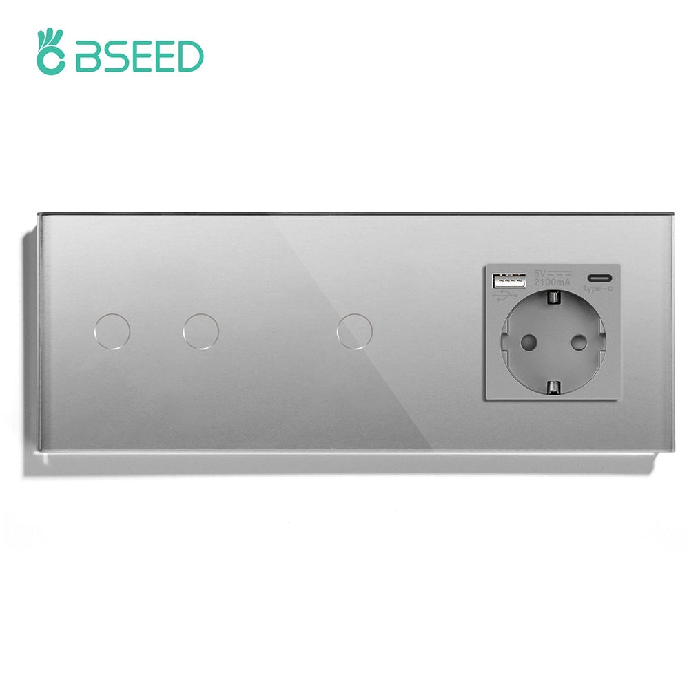 BSEED Double Touch 1/2/3 Gnag 1/2/3 Way Light Switch With EU Socket With Type-C Power Outlets & Sockets Bseedswitch Grey 2gang+1gang 1Way