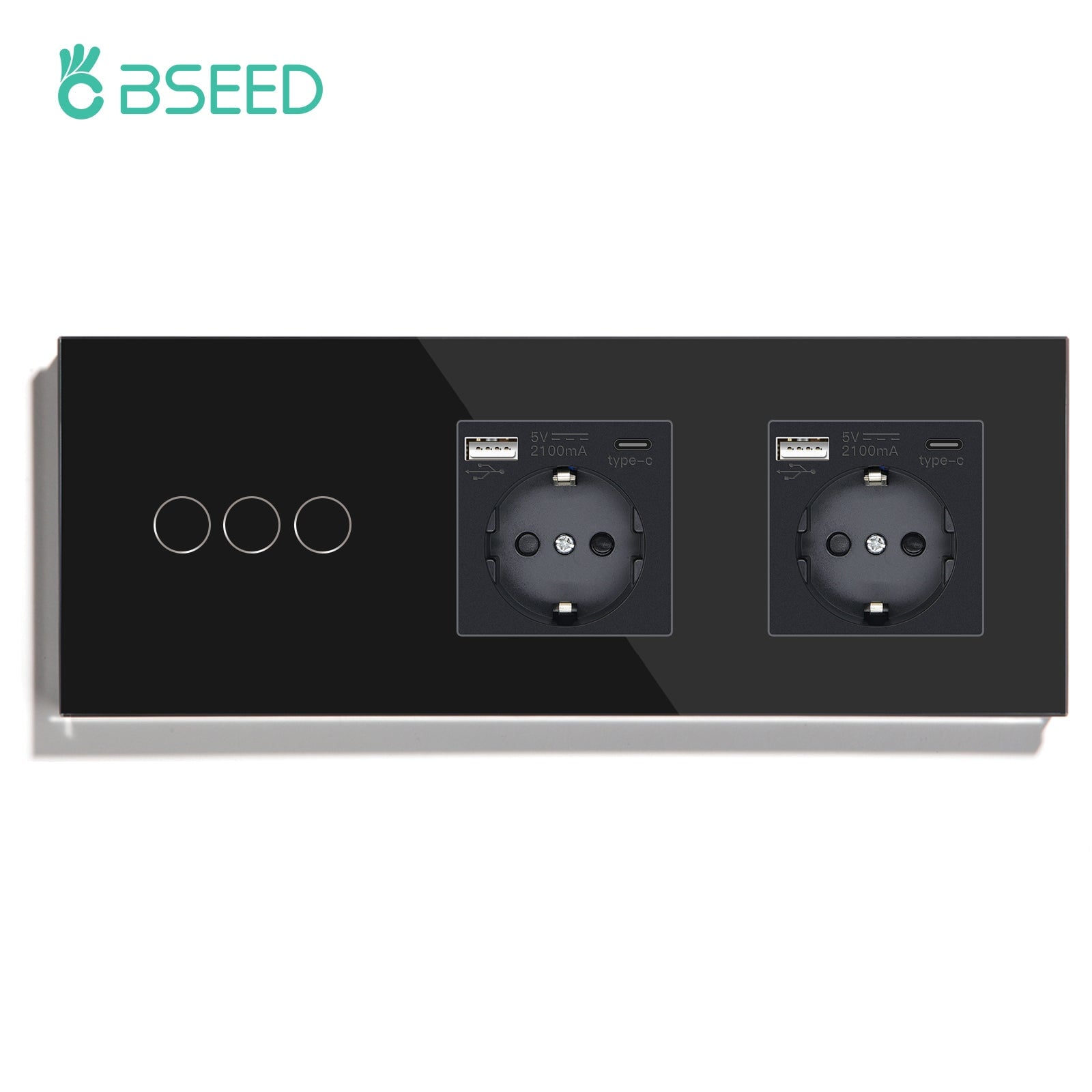 BSEED Touch 1/2/3 Gnag 1/2/3 Way Light Switch With Double EU Socket With Type-C Power Outlets & Sockets Bseedswitch Black 3 Gang with Socket 1 Way