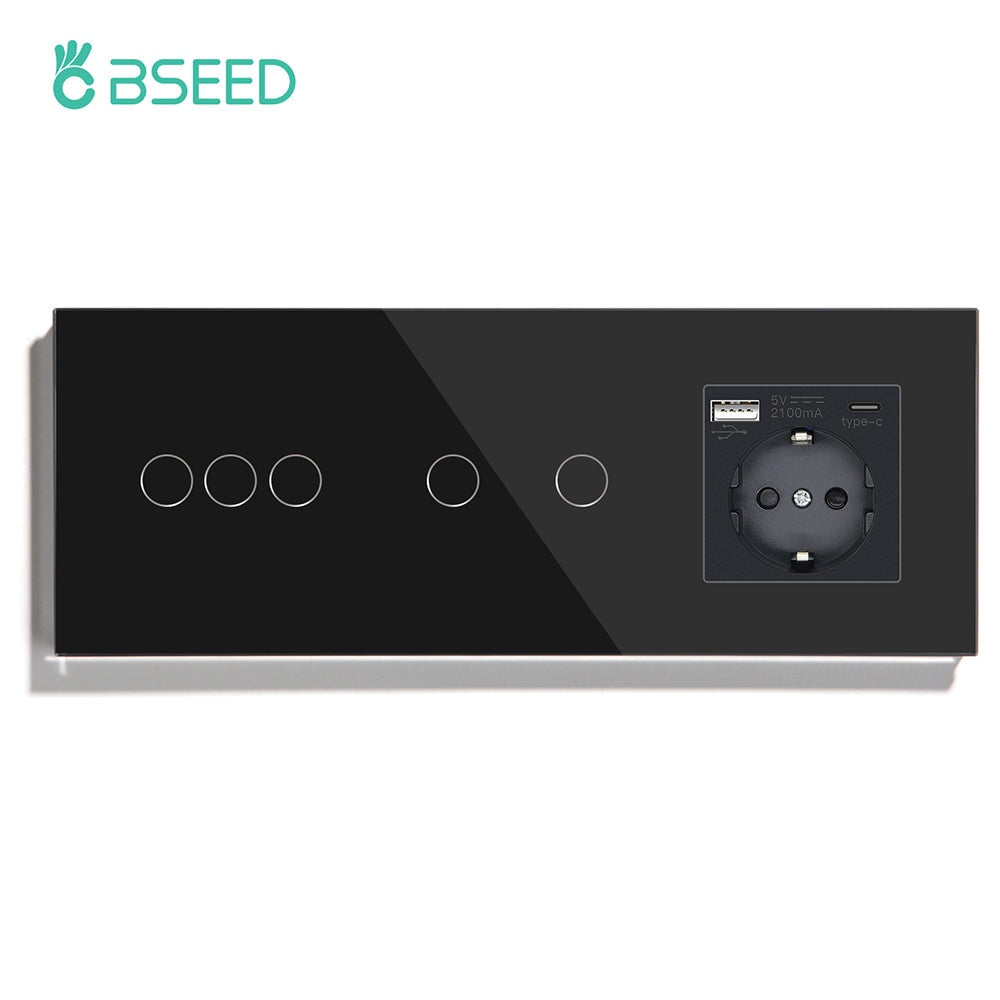 BSEED Double Touch 1/2/3 Gnag 1/2/3 Way Light Switch With EU Socket With Type-C Power Outlets & Sockets Bseedswitch Black 3gang+2gang 1Way