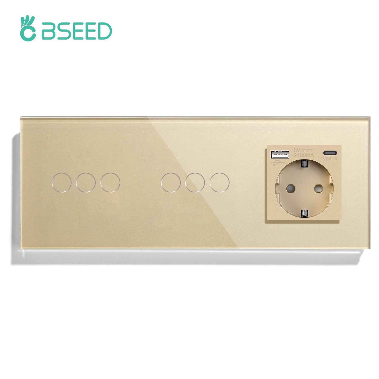 BSEED Double Touch 1/2/3 Gnag 1/2/3 Way Light Switch With EU Socket With Type-C Power Outlets & Sockets Bseedswitch Golden 3gang+3gang 1Way