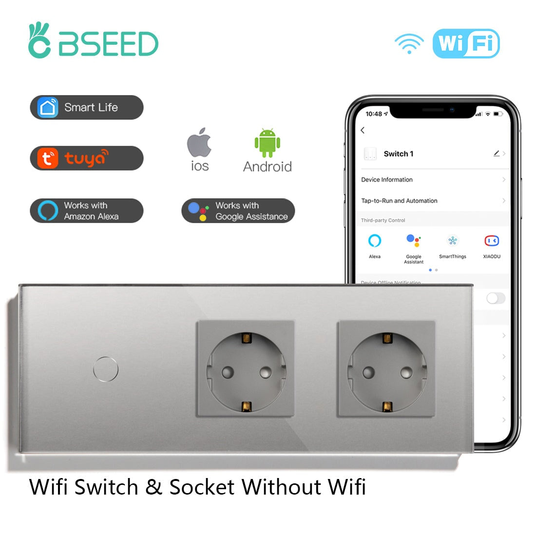 Bseed Smart WiFi 1/2/3 Gang Light Switches Multi Control With Double EU Normal Standard Wall Sockets Light Switches Bseedswitch Grey 1Gang 