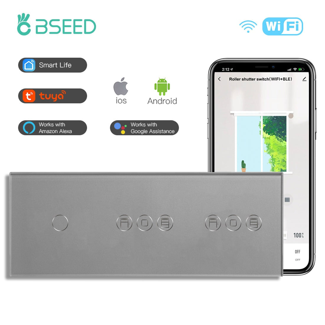 BSEED 1/2/3 Gang WiFi Switch With Double Roller Shutter Switch 228mm Light Switches Bseedswitch Grey 1Gang with Double Shutter Switch 