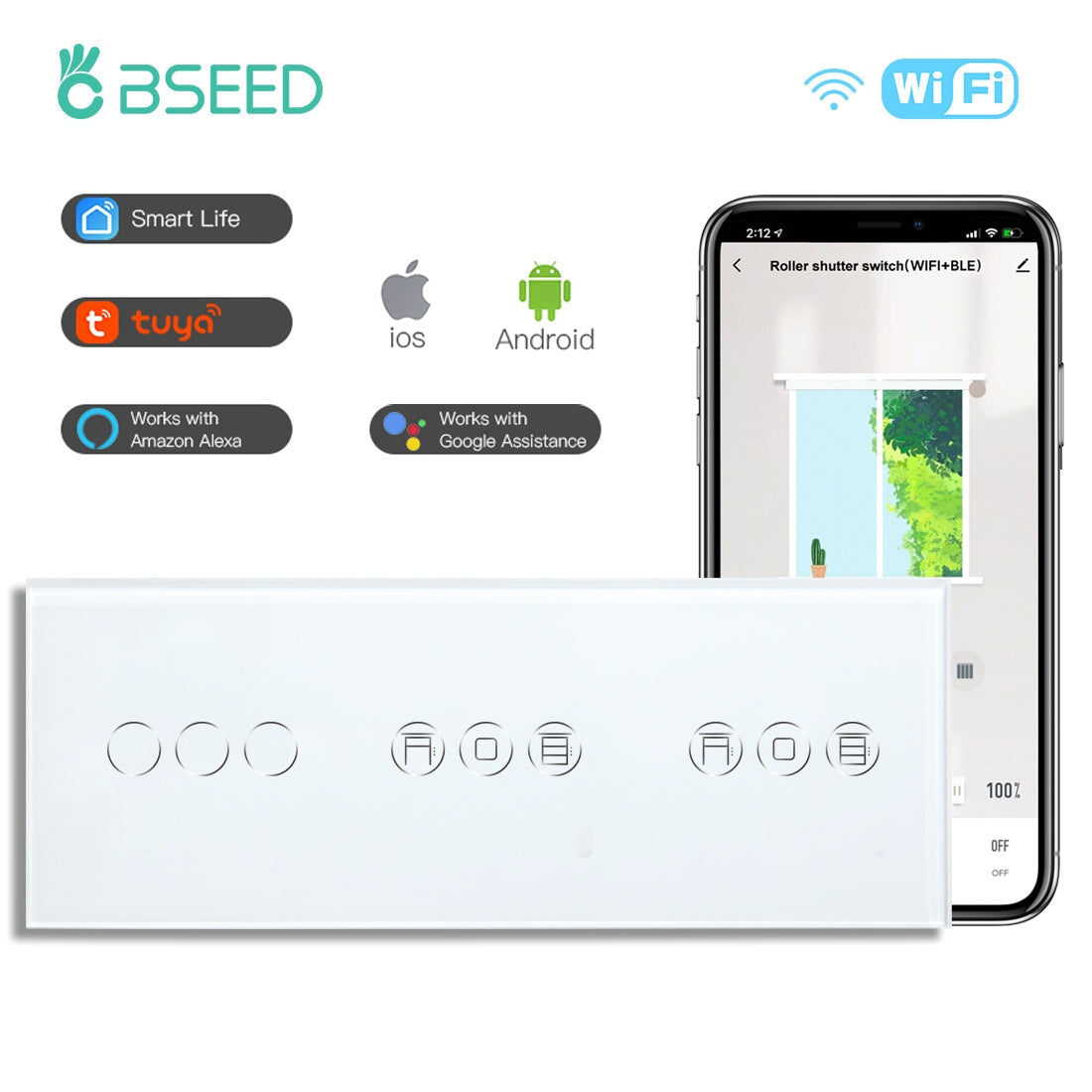 BSEED 1/2/3 Gang WiFi Switch With Double Roller Shutter Switch 228mm Light Switches Bseedswitch White 3Gang with Double Shutter Switch 