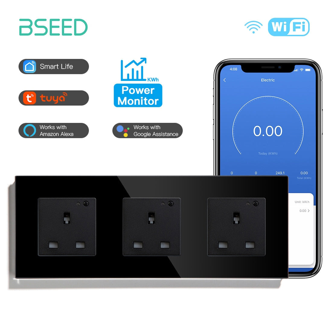 BSEED Smart WiFi UK Standards Wall Sockets with Metering Power Outlets & Sockets Bseedswitch black Triple 