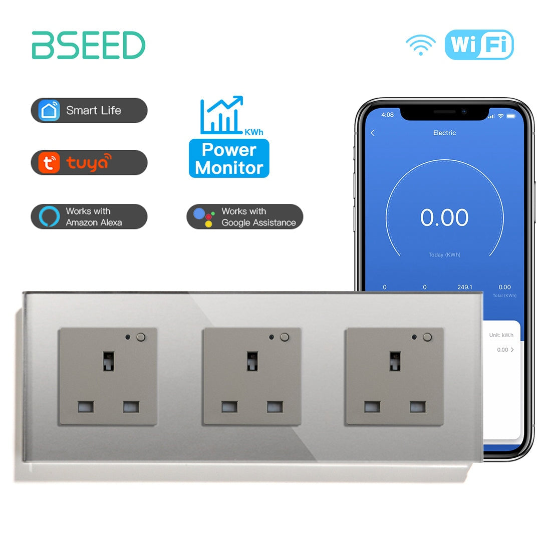 BSEED Smart WiFi UK Standards Wall Sockets with Metering Power Outlets & Sockets Bseedswitch grey Triple 