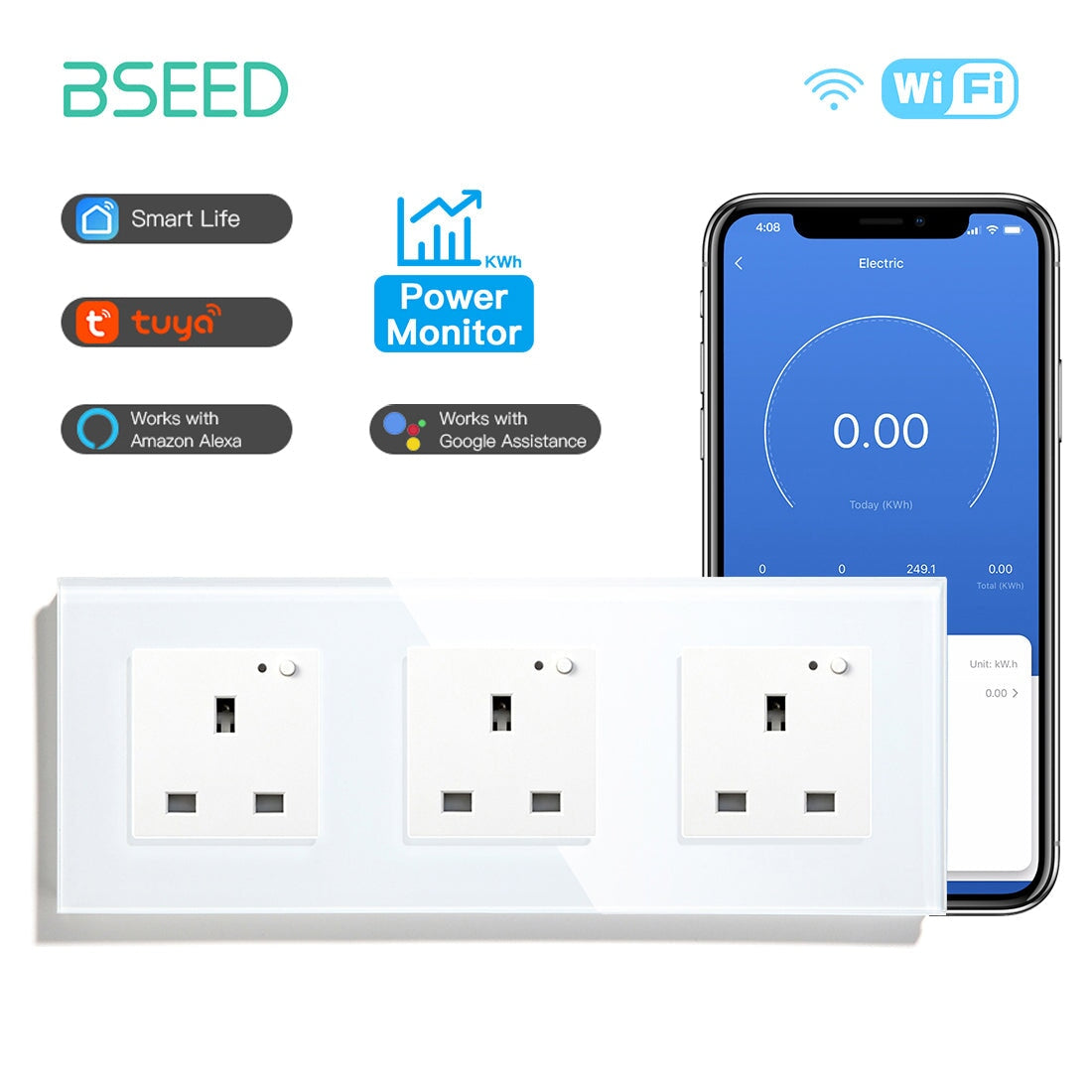 BSEED Smart WiFi UK Standards Wall Sockets with Metering Power Outlets & Sockets Bseedswitch white Triple 