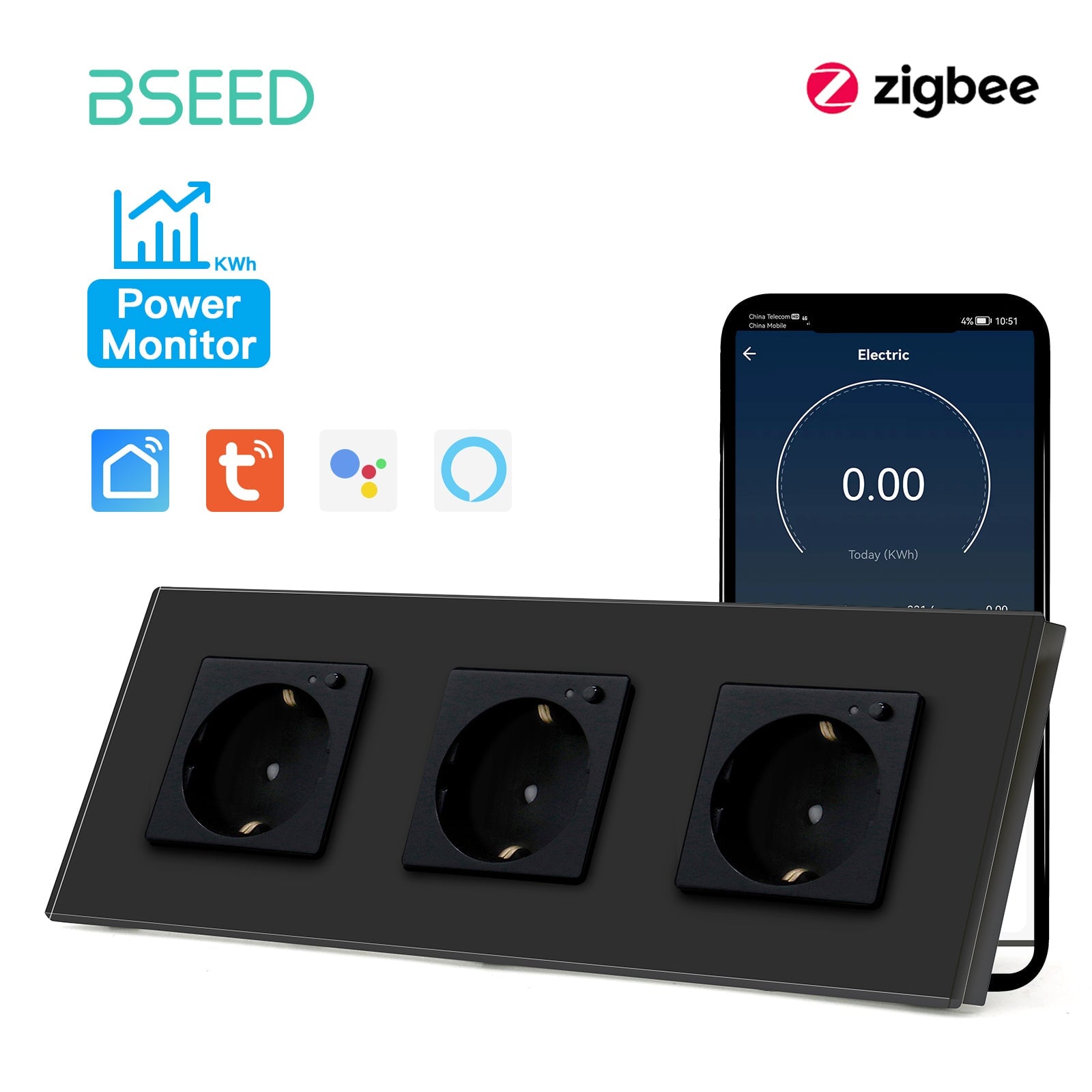 BSEED ZigBee EU Wall Sockets Power Outlets With Energy Monitoring Kids Protection Wall Plates & Covers Bseedswitch black Triple 