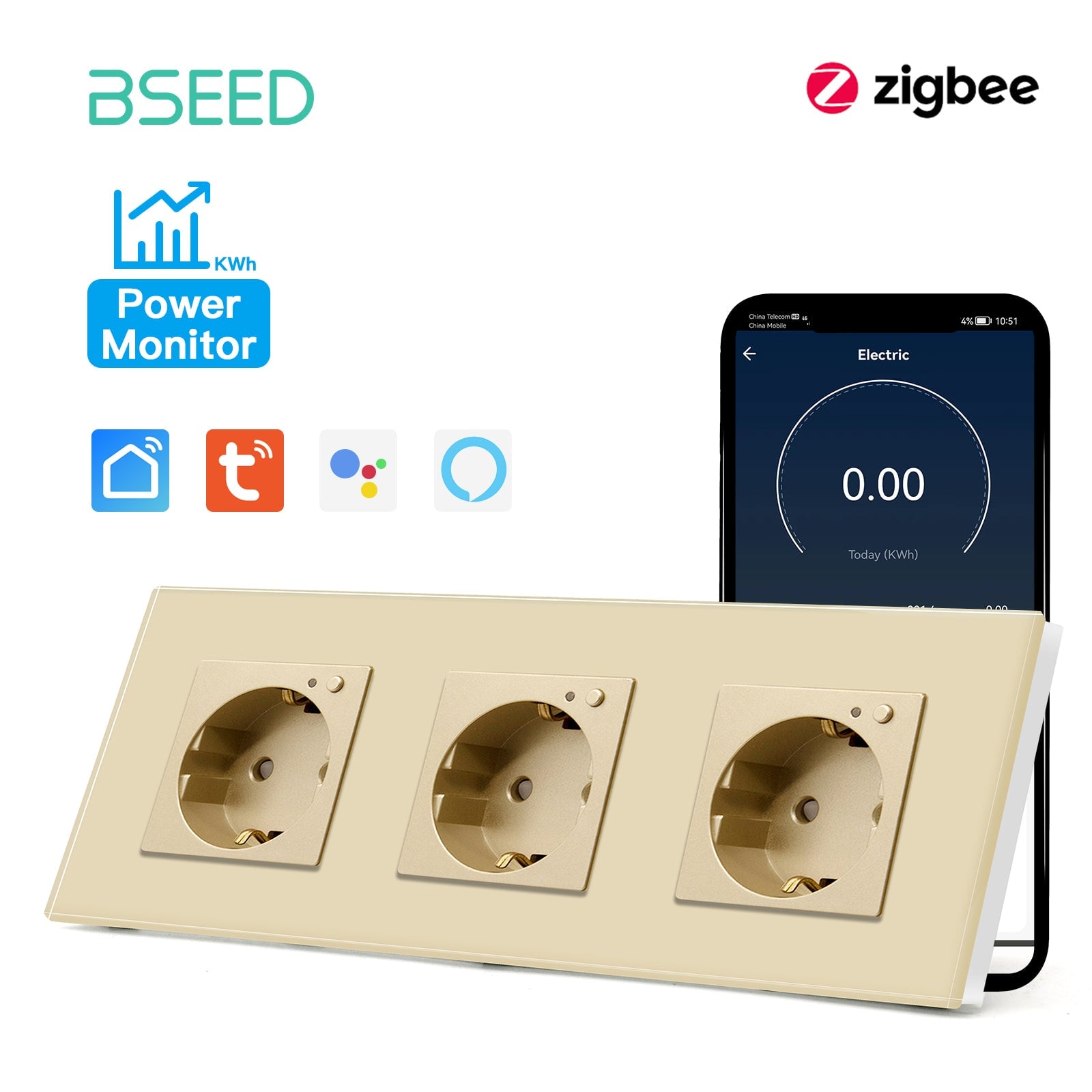 BSEED ZigBee EU Wall Sockets Power Outlets With Energy Monitoring Kids Protection Wall Plates & Covers Bseedswitch golden Triple 