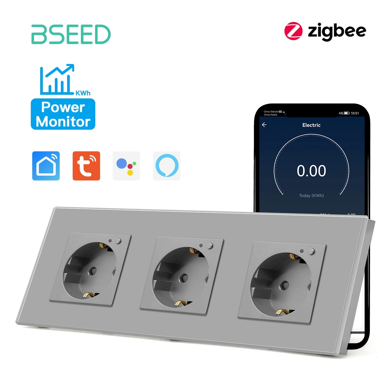 BSEED ZigBee EU Wall Sockets Power Outlets With Energy Monitoring Kids Protection Wall Plates & Covers Bseedswitch grey Triple 