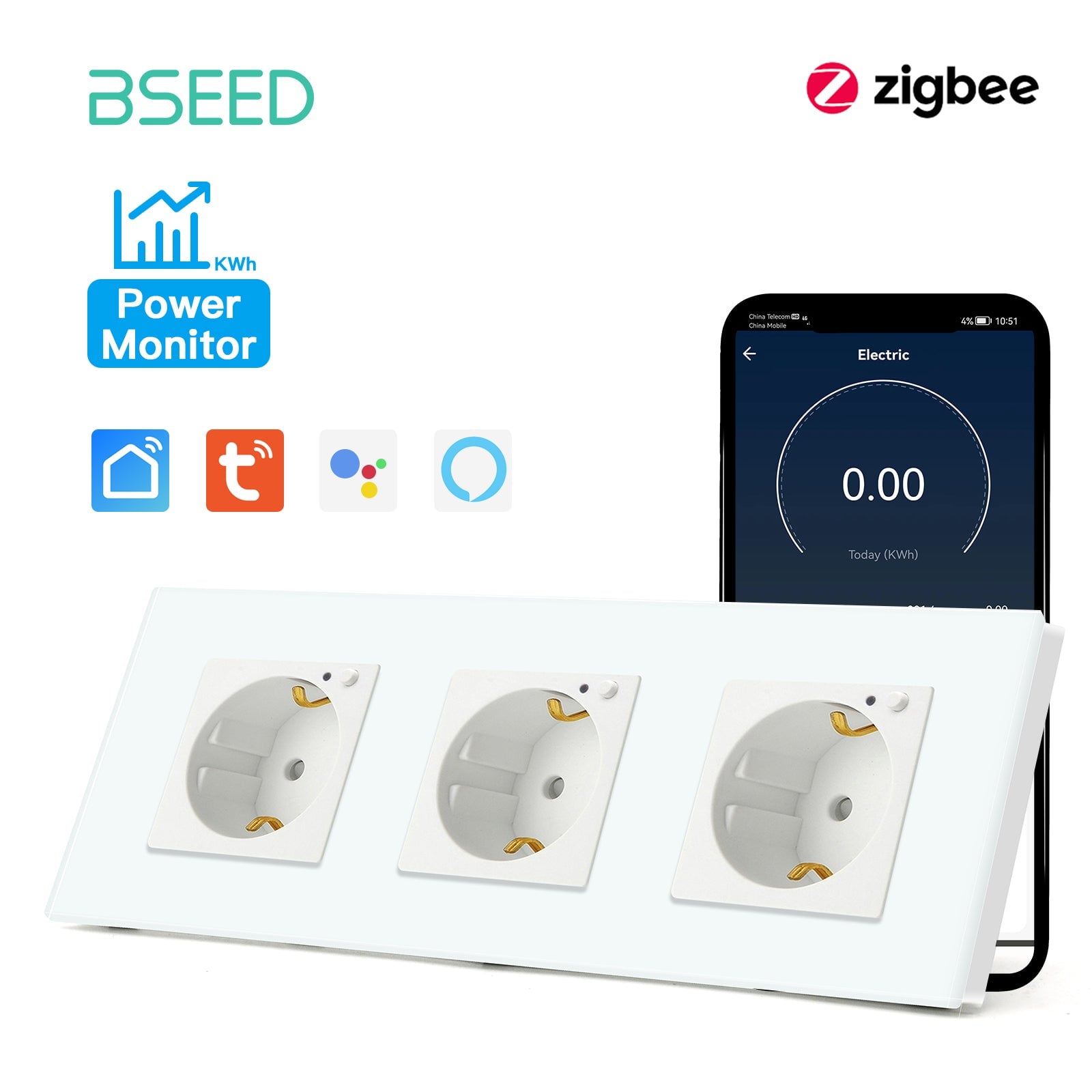 BSEED ZigBee EU Wall Sockets Power Outlets With Energy Monitoring Kids Protection Wall Plates & Covers Bseedswitch white Triple 