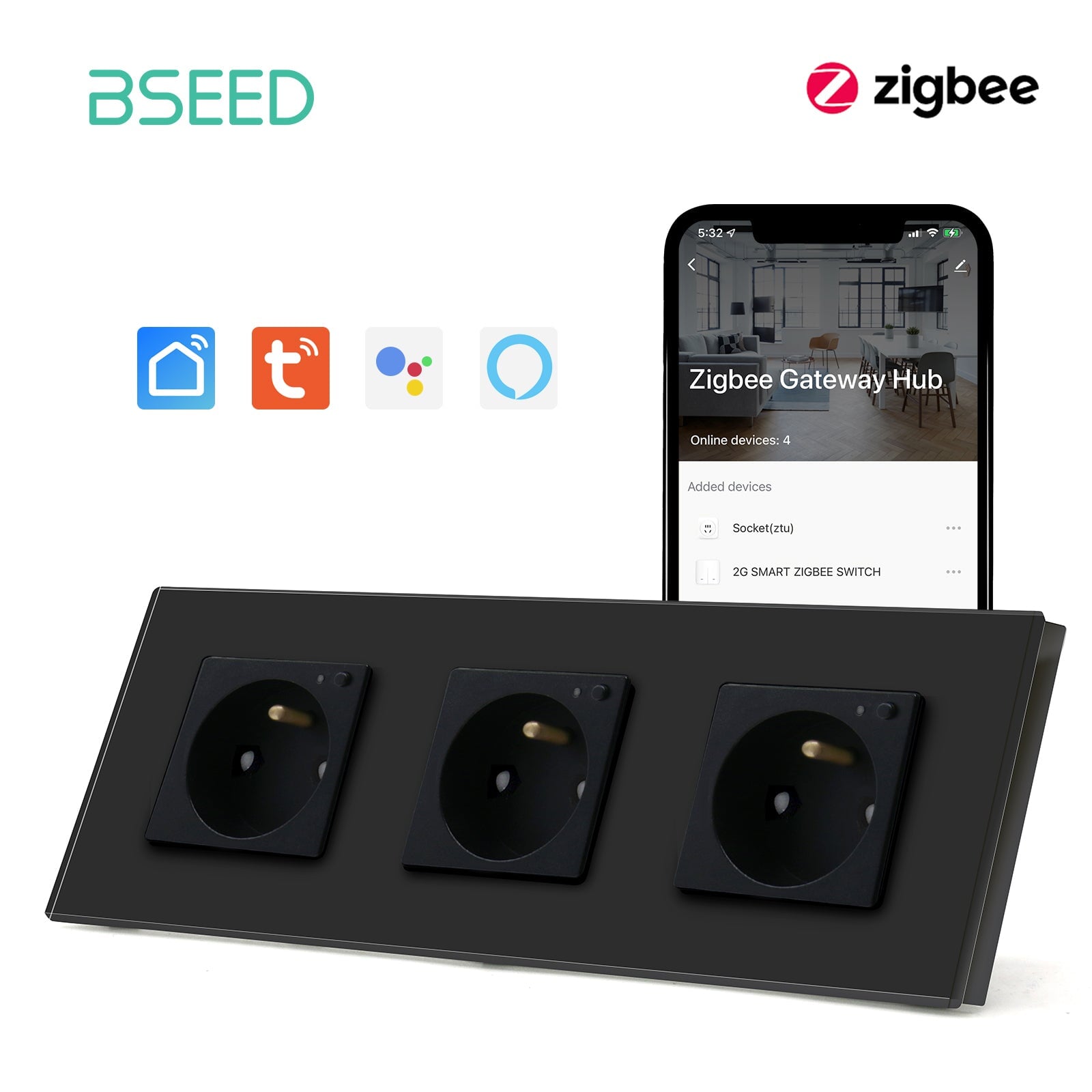 BSEED ZigBee FR Wall Sockets Power Outlets Kids Protection Wall Plates & Covers Bseedswitch black Triple 