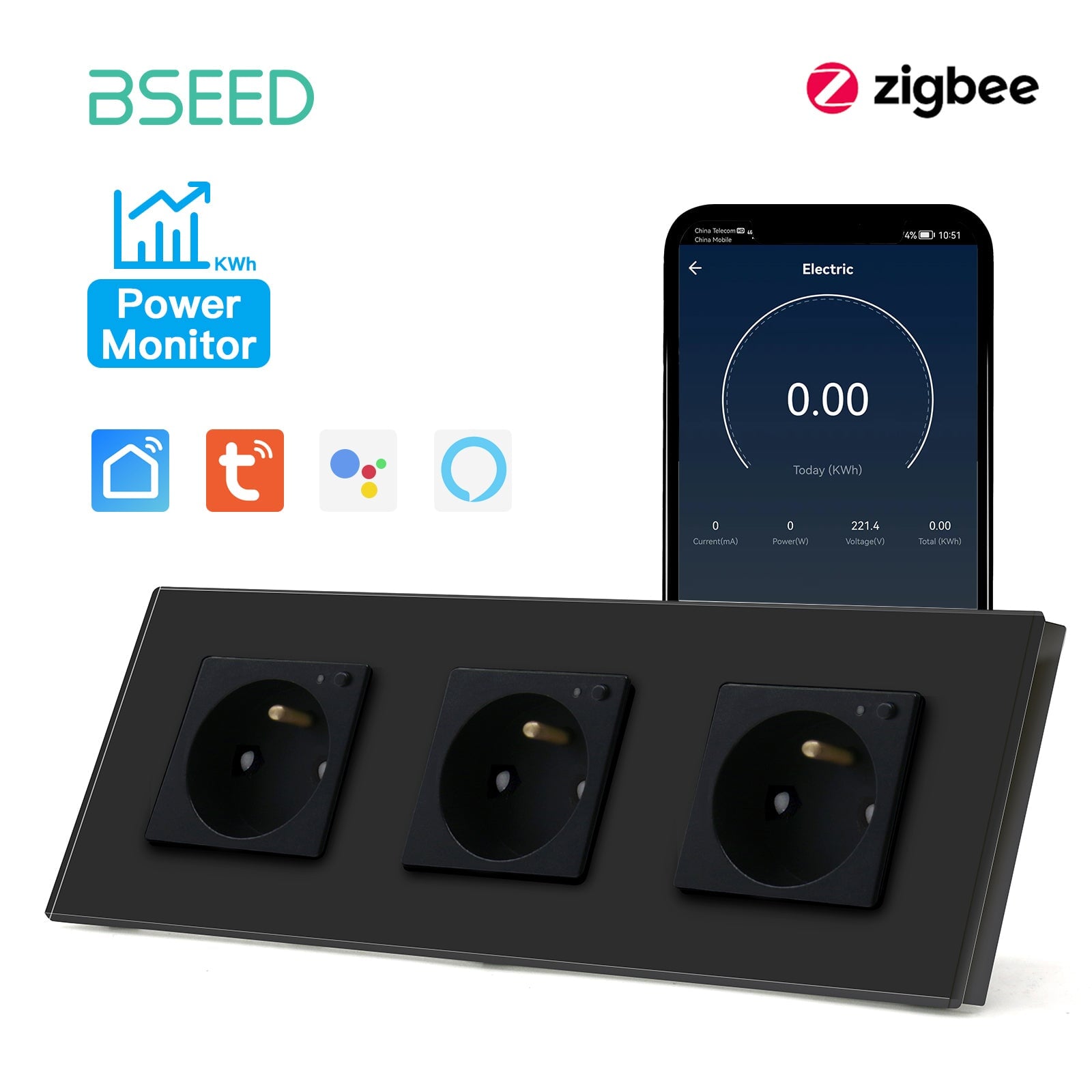 BSEED ZigBee FR Wall Sockets Power Outlets Kids Protection with metering Wall Plates & Covers Bseedswitch black Triple 