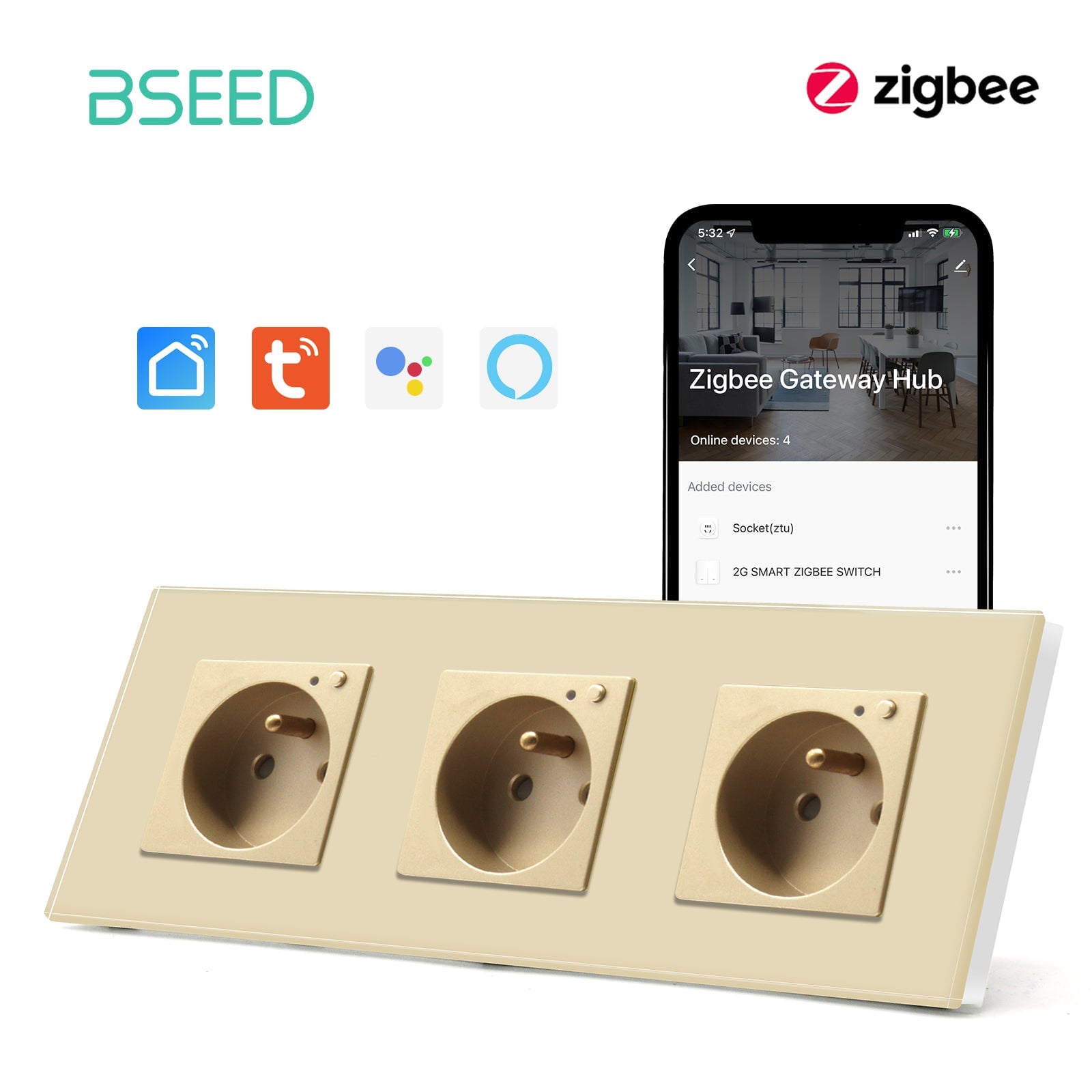 BSEED ZigBee FR Wall Sockets Power Outlets Kids Protection Wall Plates & Covers Bseedswitch golden Triple 