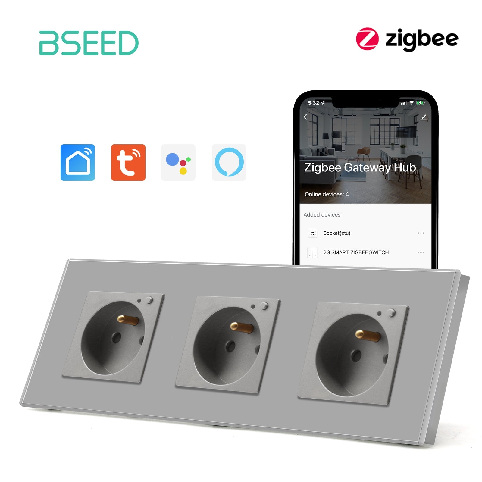 BSEED ZigBee FR Wall Sockets Power Outlets Kids Protection Wall Plates & Covers Bseedswitch grey Triple 