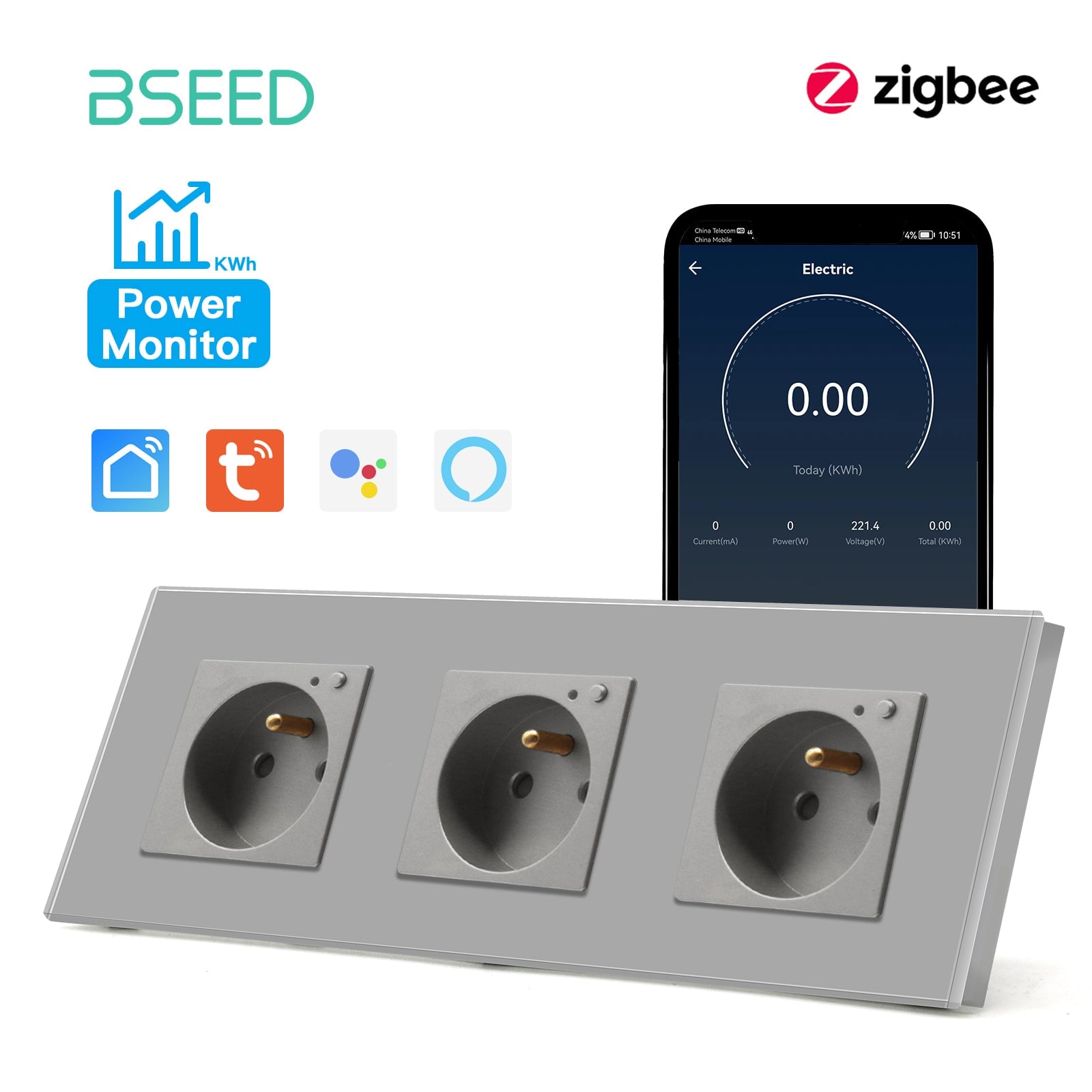 BSEED ZigBee FR Wall Sockets Power Outlets Kids Protection with metering Wall Plates & Covers Bseedswitch grey Triple 