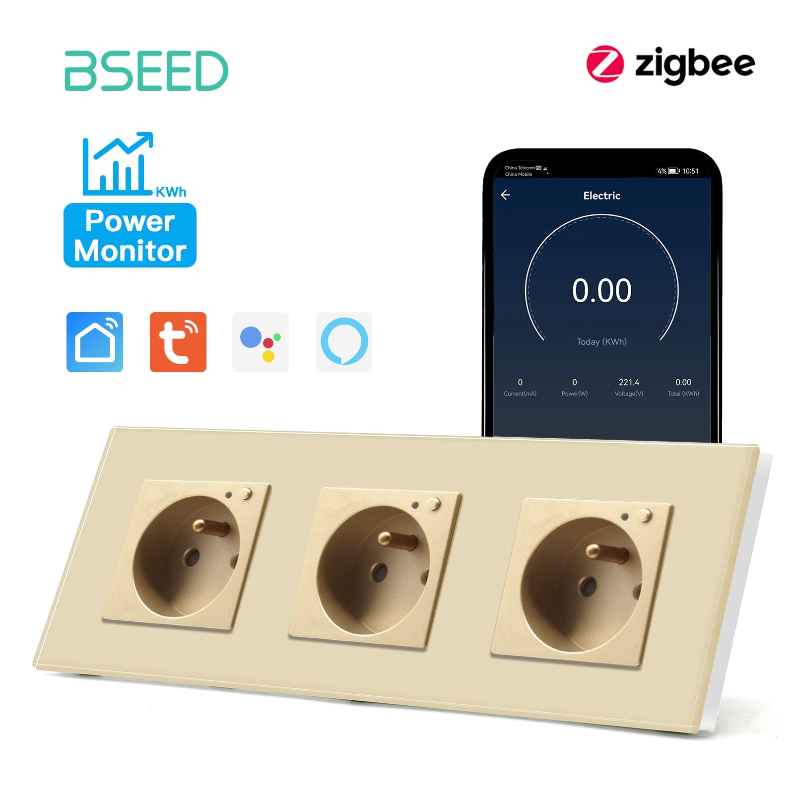 BSEED ZigBee FR Wall Sockets Power Outlets Kids Protection with metering Wall Plates & Covers Bseedswitch golden Triple 