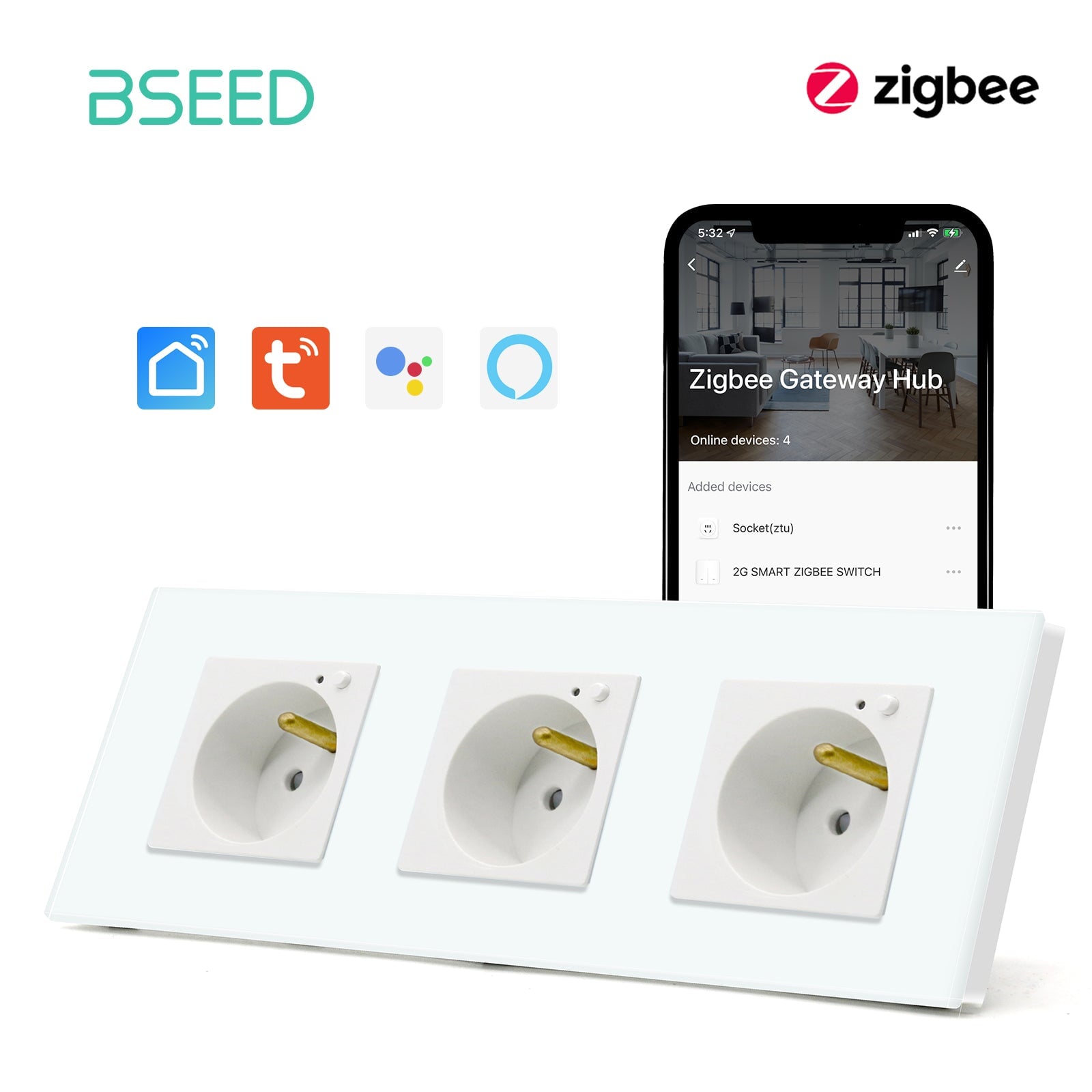 BSEED ZigBee FR Wall Sockets Power Outlets Kids Protection Wall Plates & Covers Bseedswitch white Triple 