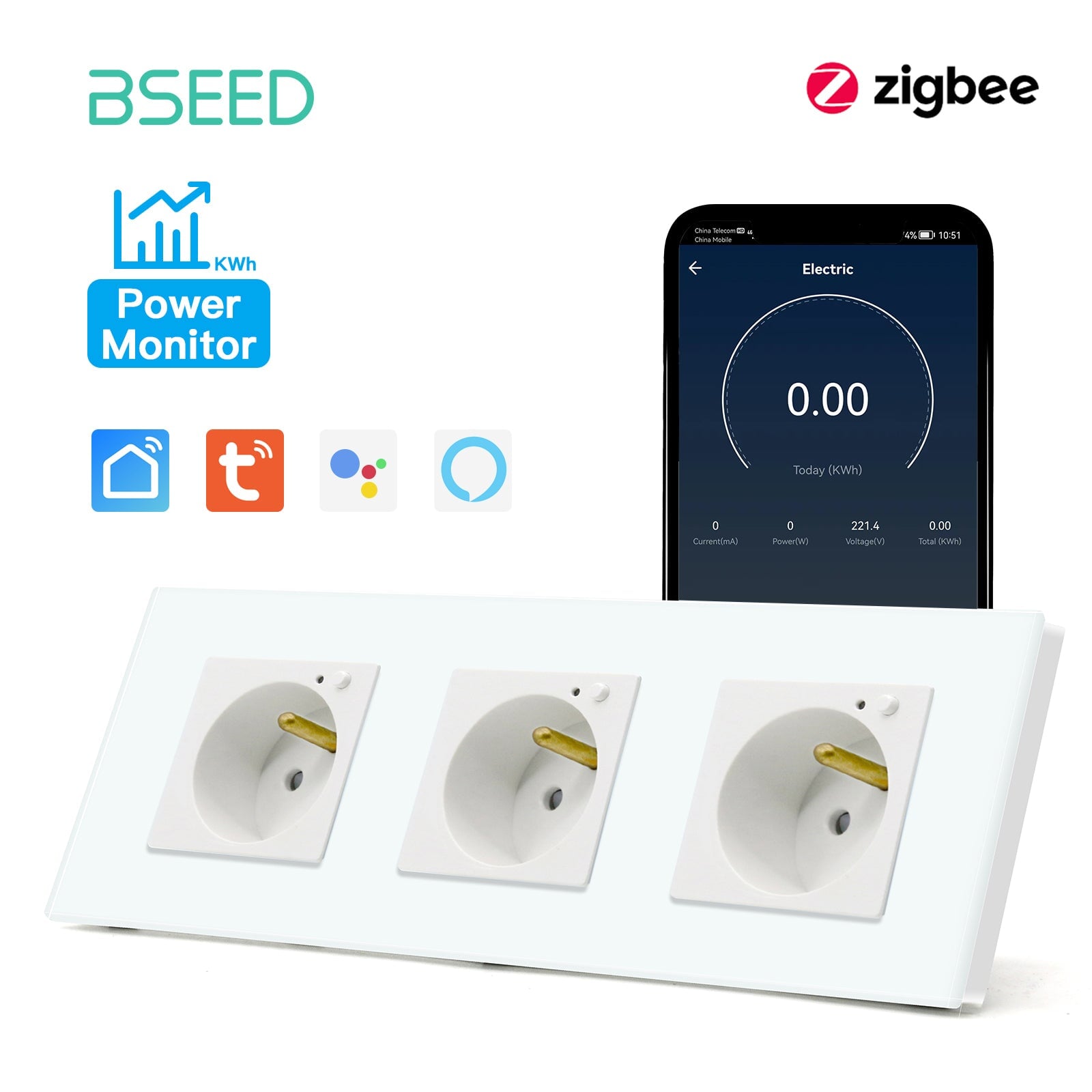 BSEED ZigBee FR Wall Sockets Power Outlets Kids Protection with metering Wall Plates & Covers Bseedswitch white Triple 