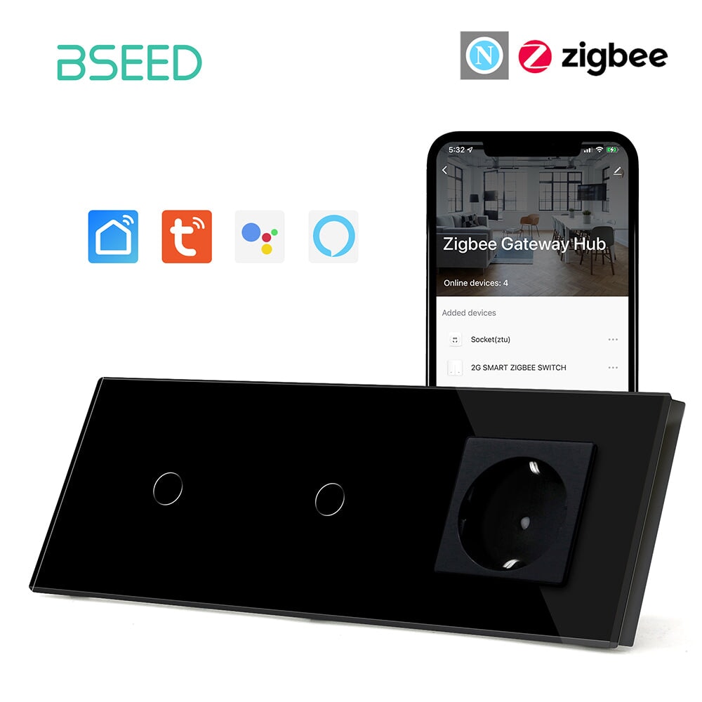 Bseed Double Zigbee Light Switches With EU Standard Not Smart Wall Sockets Light Switches Bseedswitch Black 1gang+1gang +socket 